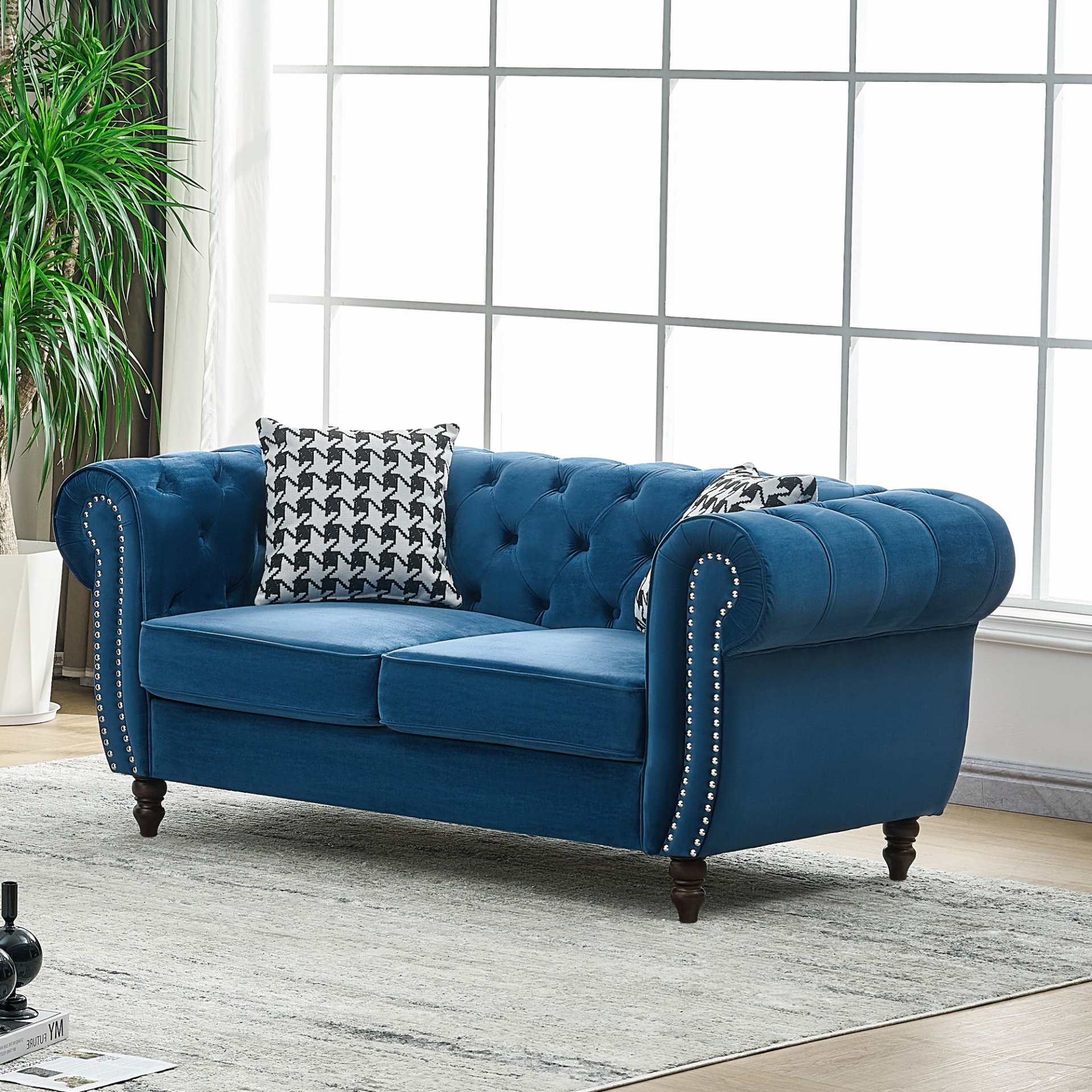 Chesterfield Sofa With Roll Armrest And Nailhead, 2 Seater Couch - Blue - Image 4