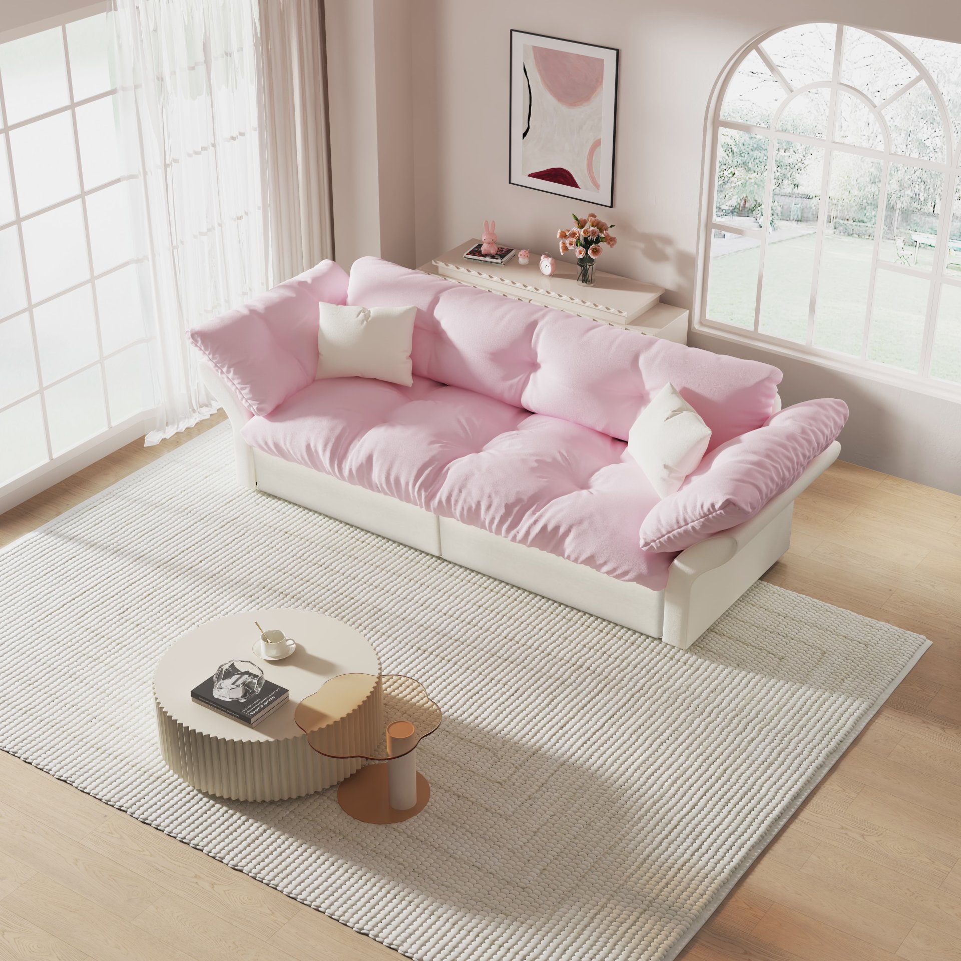 Queen Pull Out Sofa Bed, 3 In 1 Convertible Sleeper Tufted Sofa & 2 Soft Pillows - Pink - Image 5