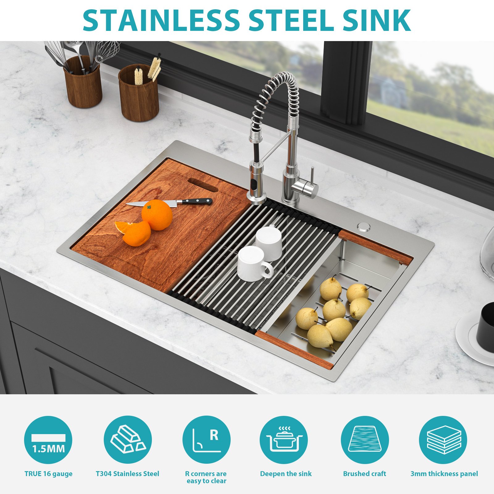 Topmount Drop In Kitchen Sink, Double Bowl 50 / 50 - Brushed Nickel - Image 8