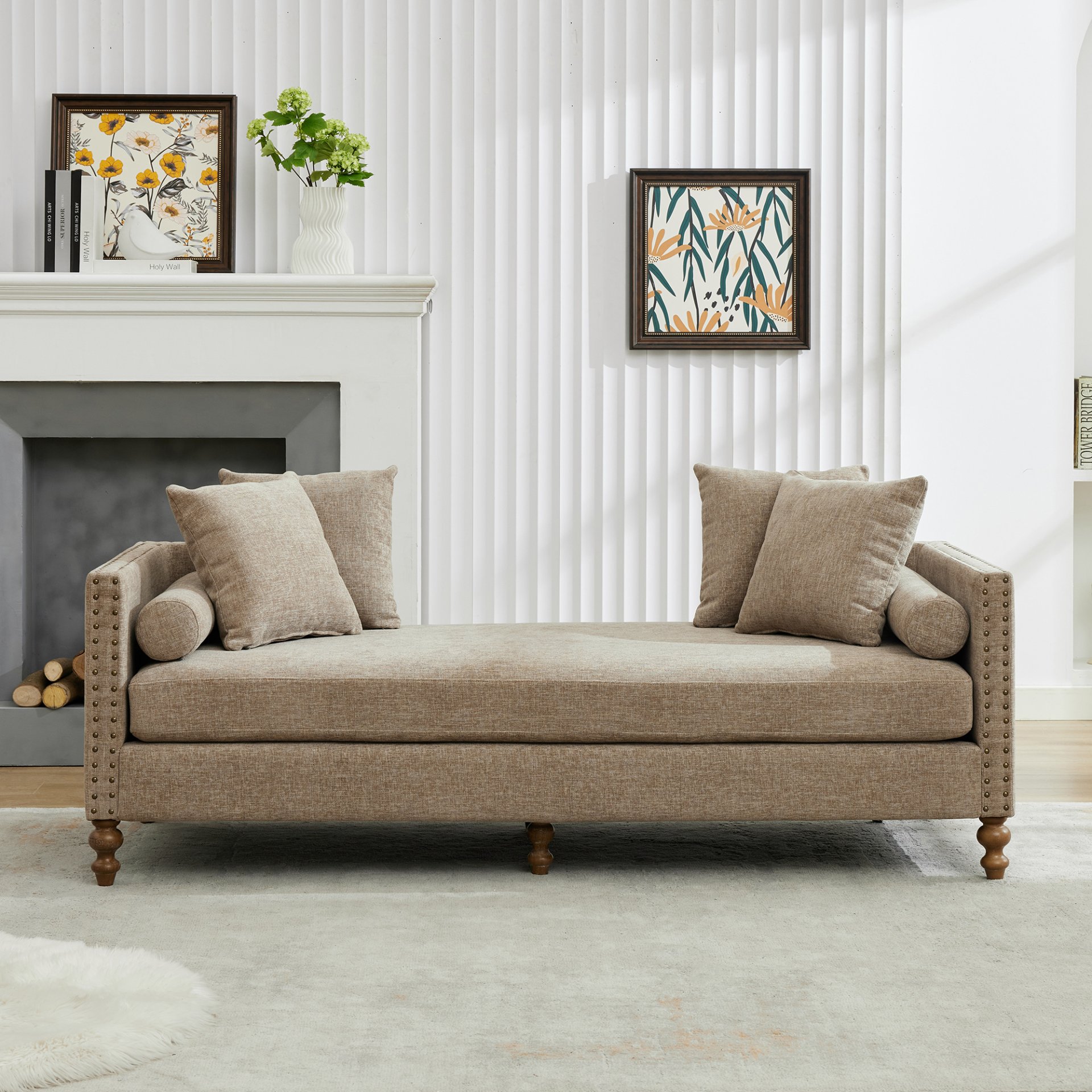 Upholstered Chaise Lounge Indoor With Nailheads, Sleeper Sofa Couch With 4 Throw Pillows & 2 Bolsters, Daybed With Rubberwood Legs - Taupe - Image 4