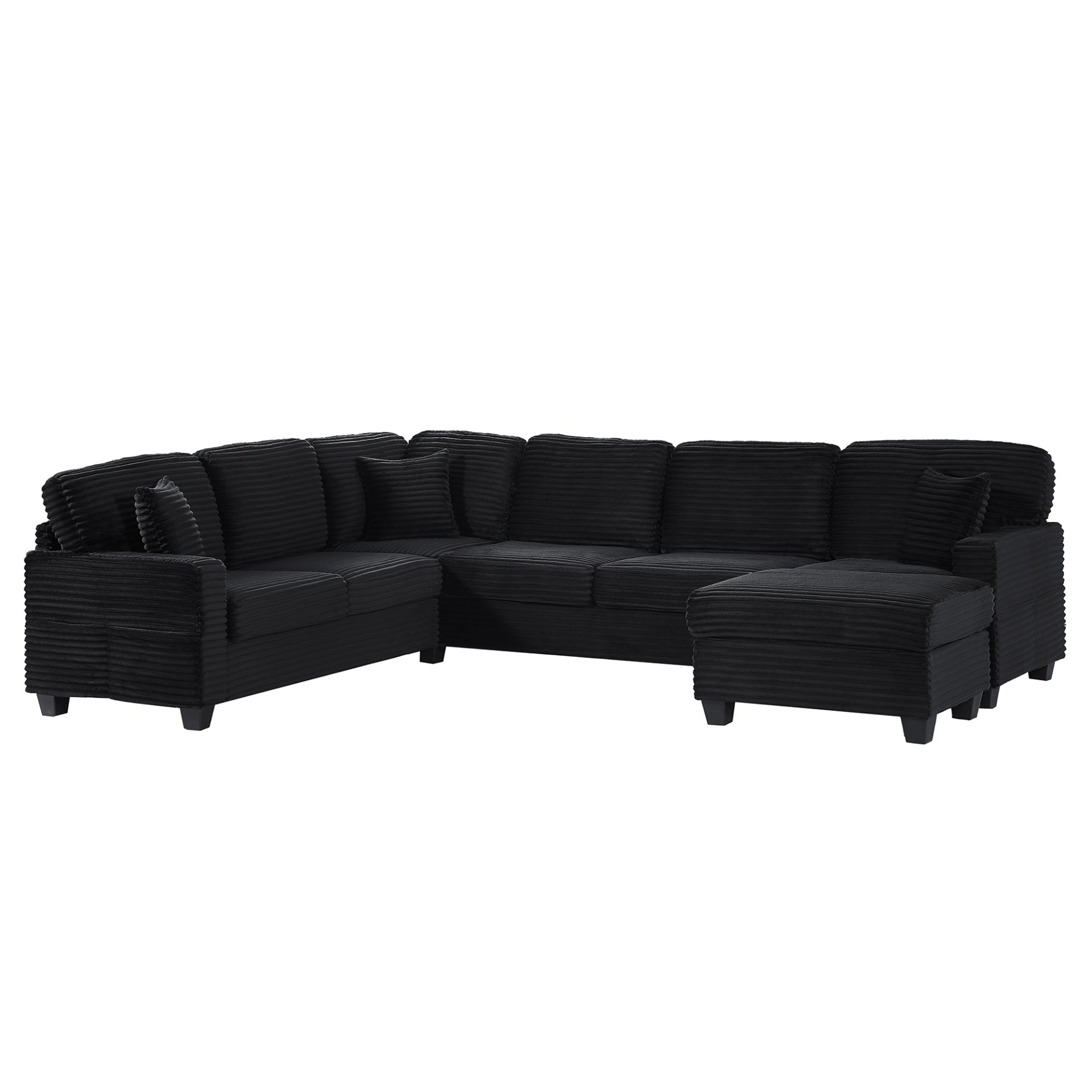 Upholstered U Shaped Sectional Sofa With Movable Ottoman And Side Storage Pockets - Black - Image 13