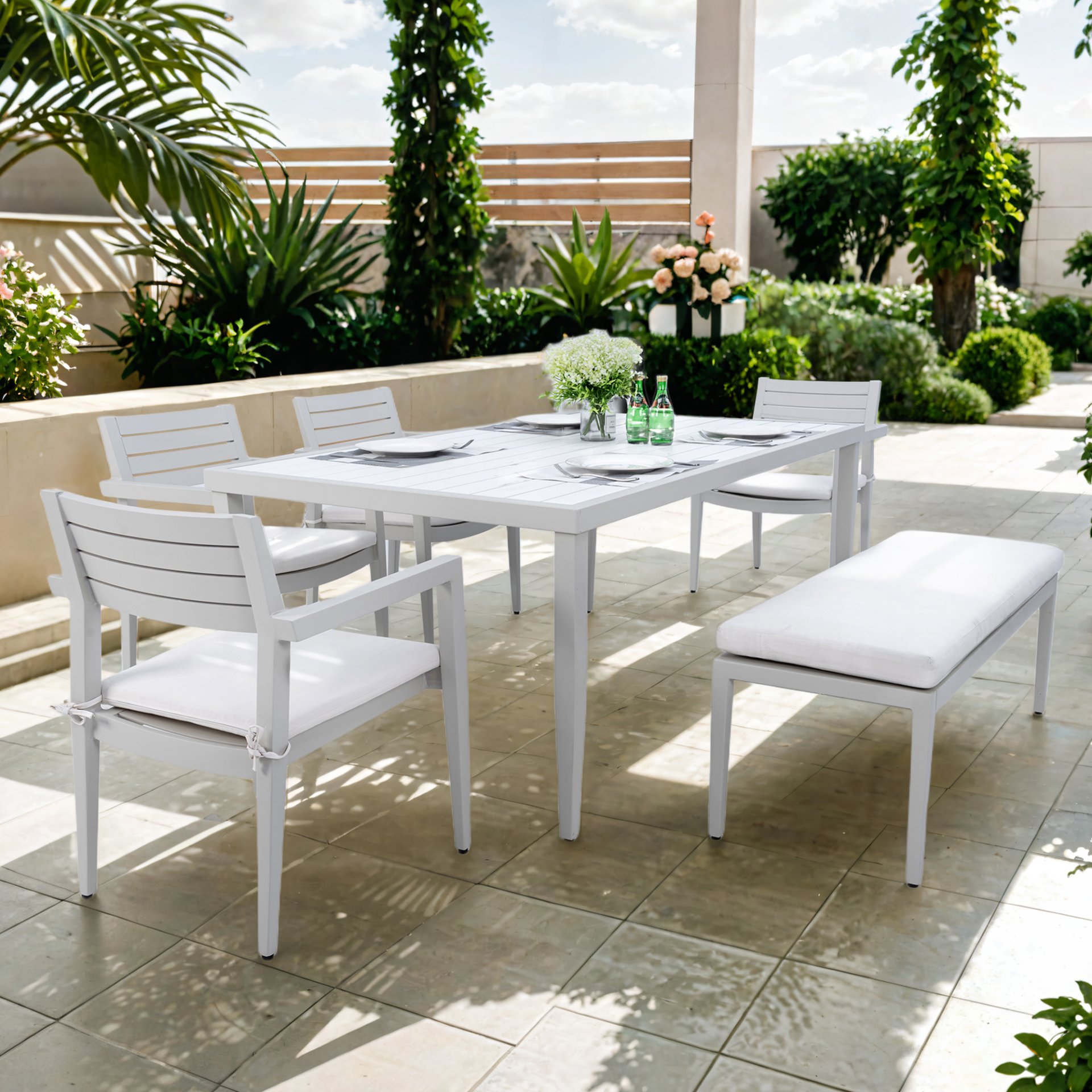 6 Piece Dining Set Modern Outdoor Patio Furniture, 4 Dining Chairs & 1 Dining Bench Sunbrella Fabric And 2 Tone Rectangle Table With Umbrella Hole - Matte White / Grayish - Image 9