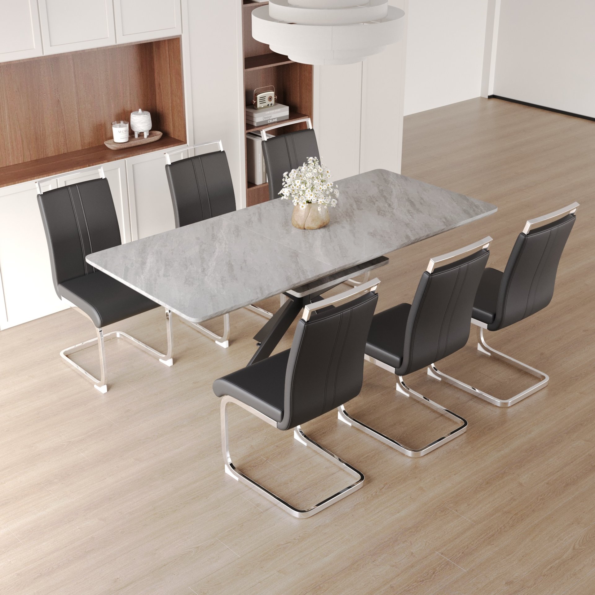 Modern Extendable Dining Table Set For 6 - 8 - Black / Gray - Image 6