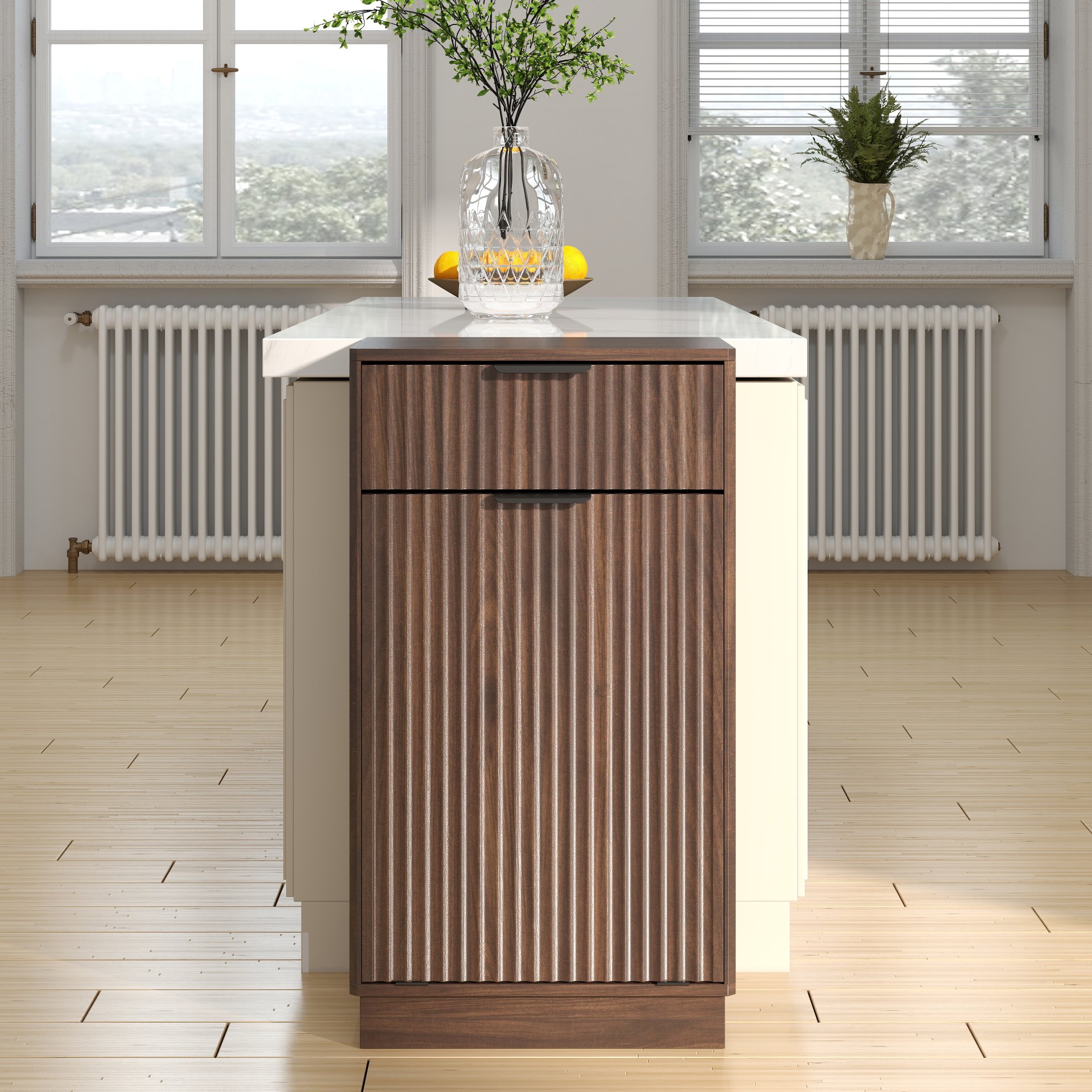 Tilt Out Trash Can Cabinet With Wave Textured Drawer & Pull Out Bin - Walnut - Image 12