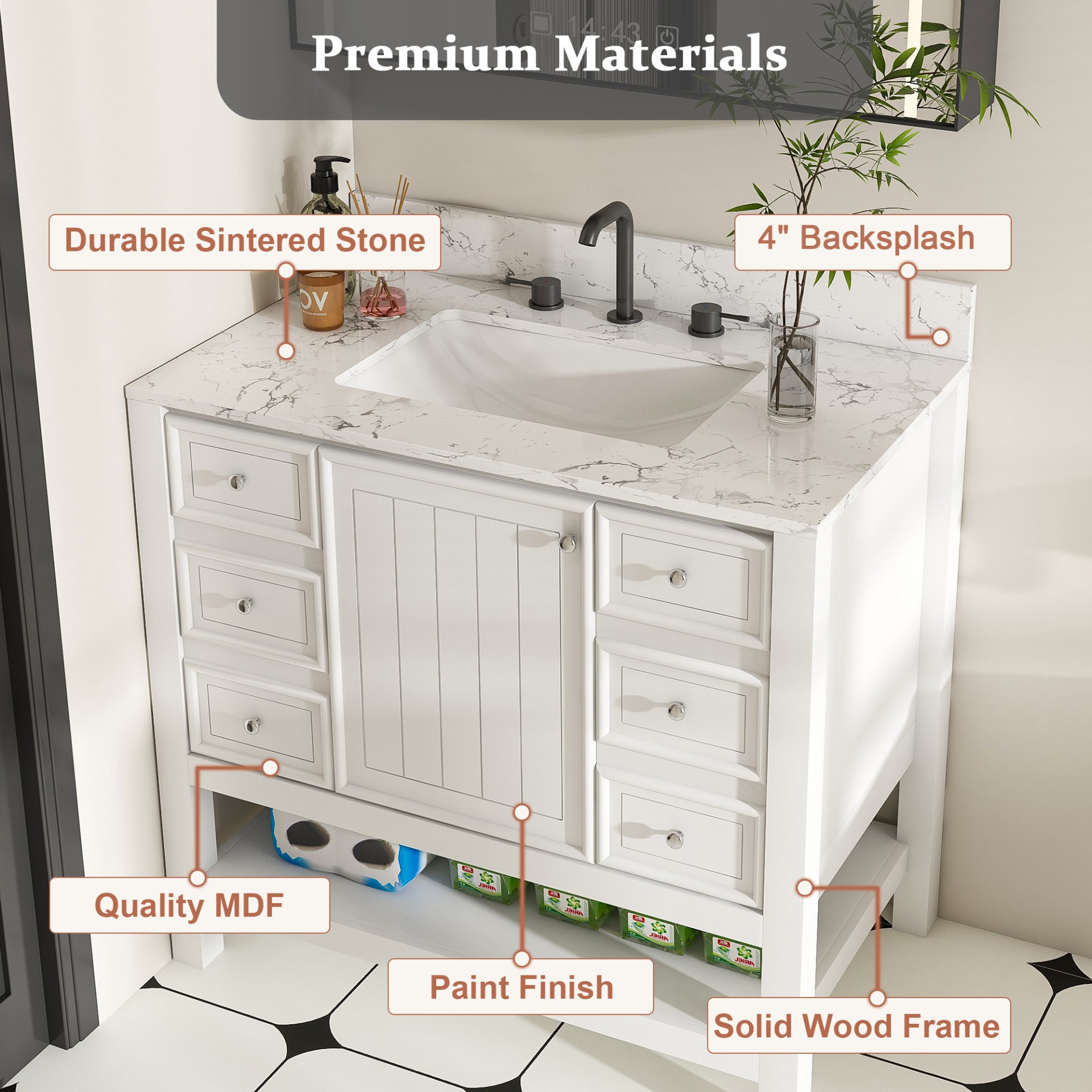 37" Bathroom Vanity With Artificial Marble Carrara Top, Multi Functional Cabinet With Doors And Drawer - White - Image 7