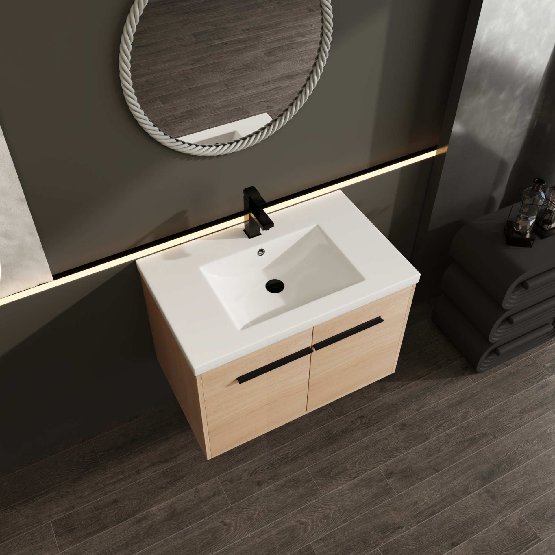 Bathroom Vanity With Resin Countertop Sink, 30" 2 Doors Cabinet Set - Oak - Image 6
