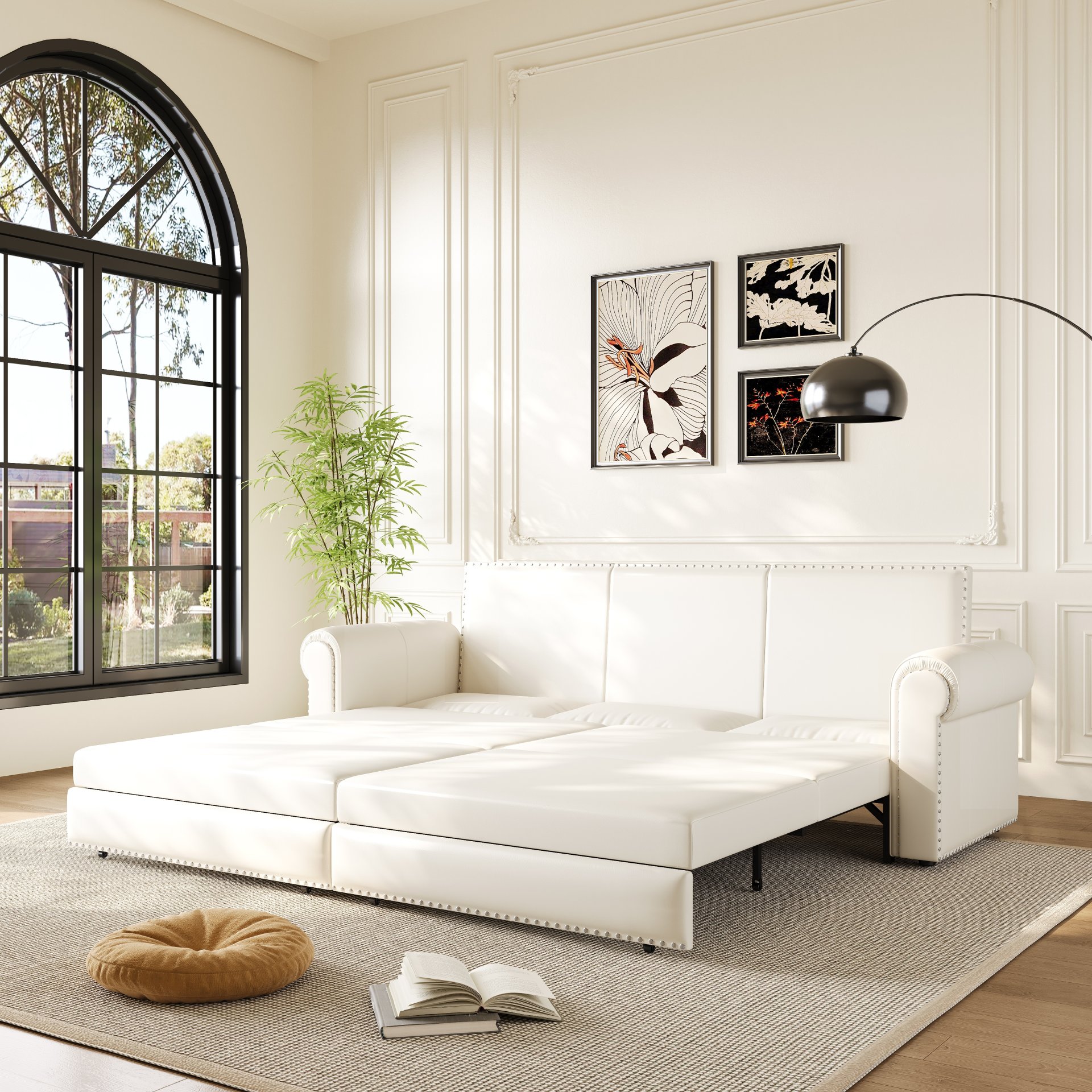 Pull Out Sofa Bed, 3 In 1 Convertible Sleeper Sofa With Nailhead Trim & Rolled Arm, Multi Functional Sofa Bed For Living Room, Bedroom, Apartment, Office - Cream White - Image 5