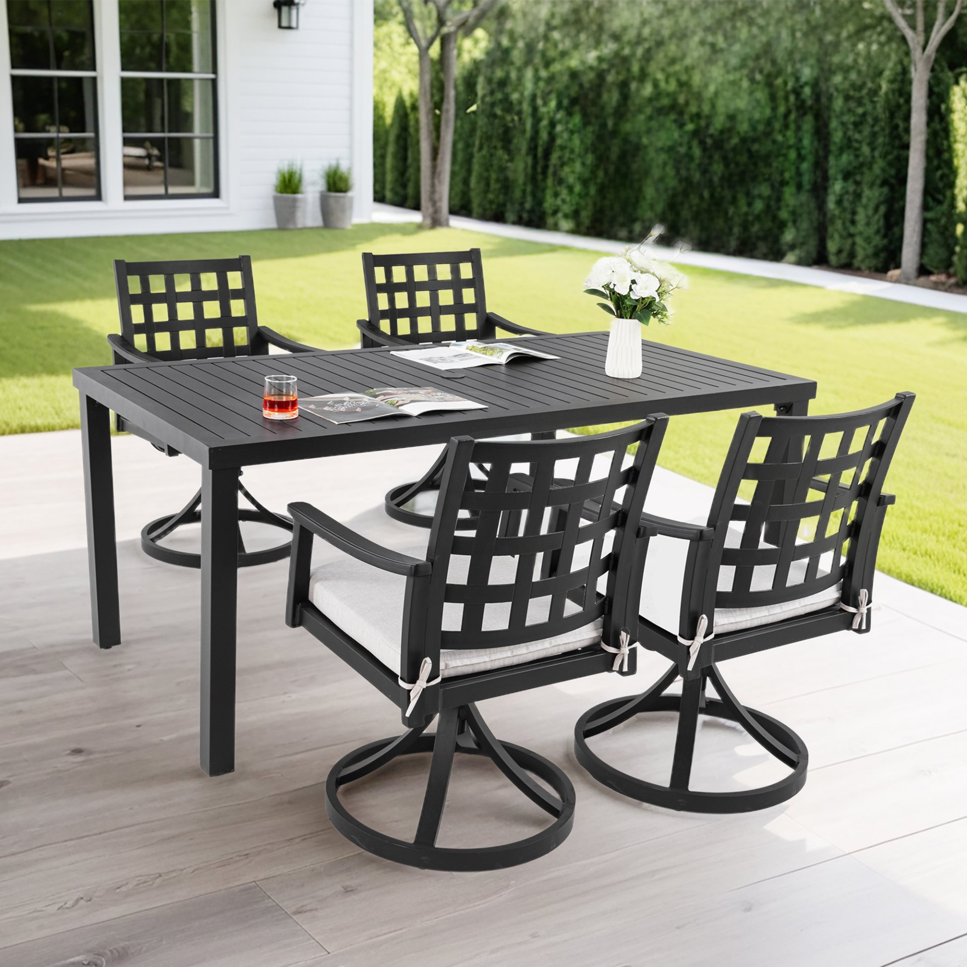 5 Pieces Outdoor Patio Dining Set, Rectangular Table & 4 Swivel Rock Dining Chairs With Sunbrella Cushion - Ember Black - Image 3
