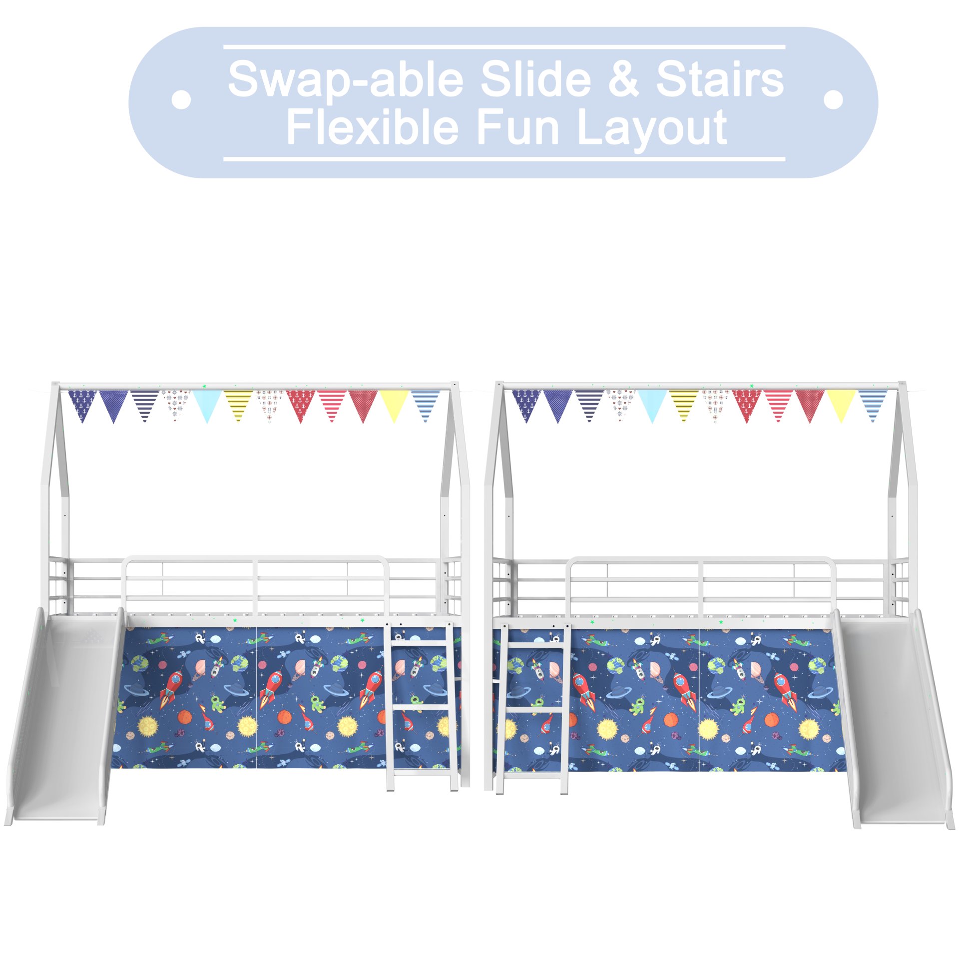 Jack - House Twin Loft Bed With Slide And Curtain Set - White / Blue - Image 15