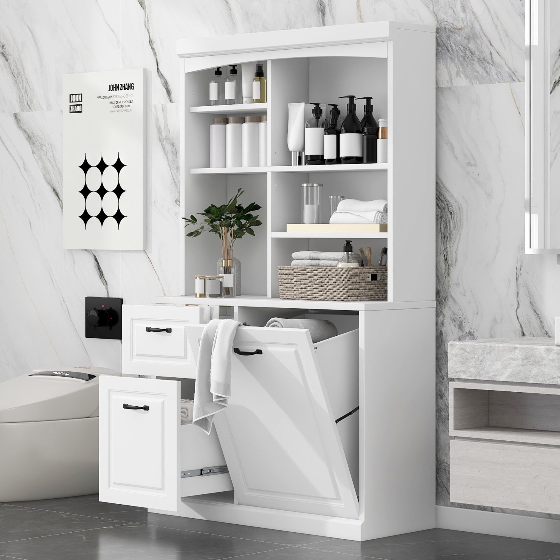 Bathroom Storage Cabinet With Tilt Out Hamper, Tall Free Standing Organizer With Drawers & Adjustable Shelves, Linen Tower With Steel Handles - White - Image 4
