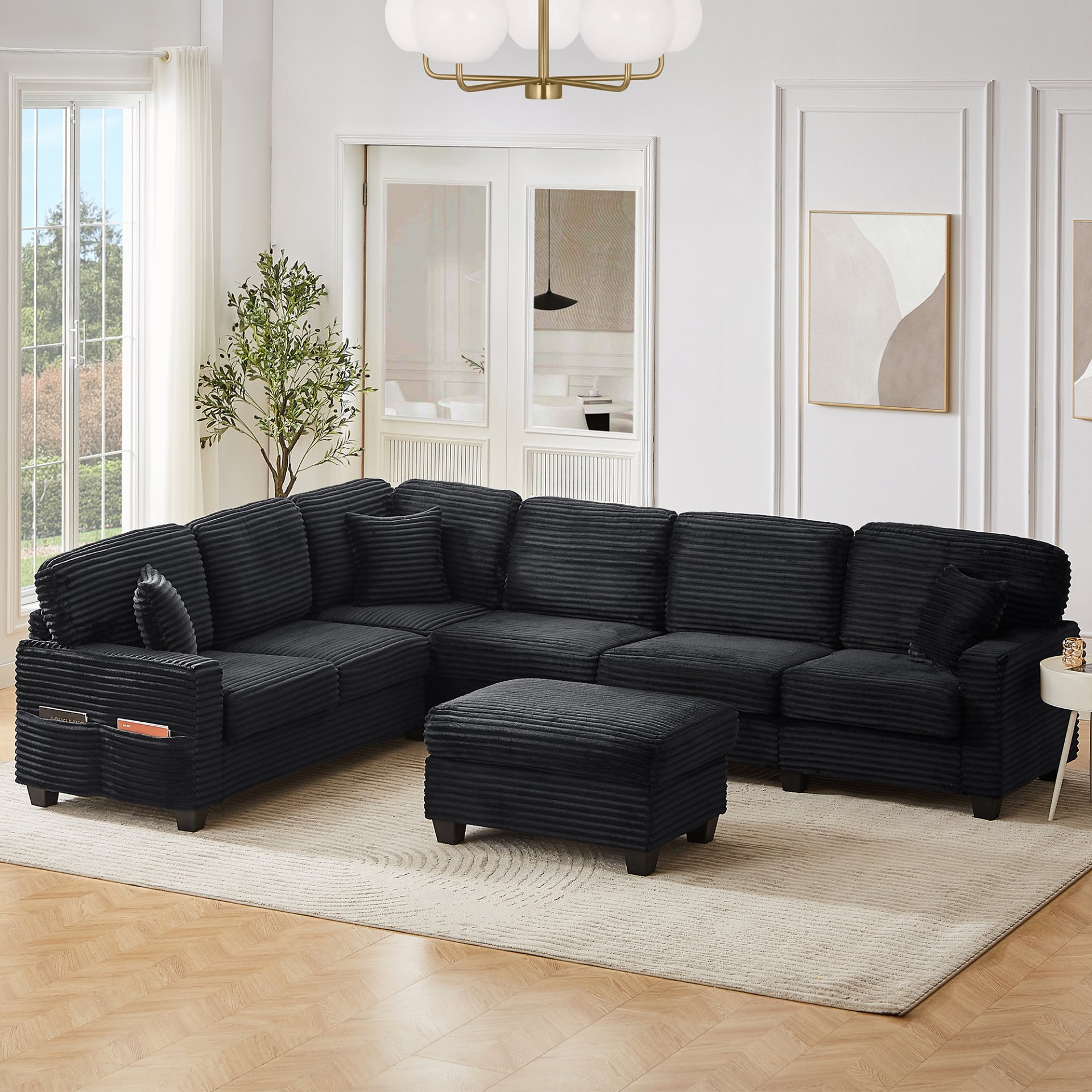 Upholstered U Shaped Sectional Sofa With Movable Ottoman And Side Storage Pockets - Black - Image 8