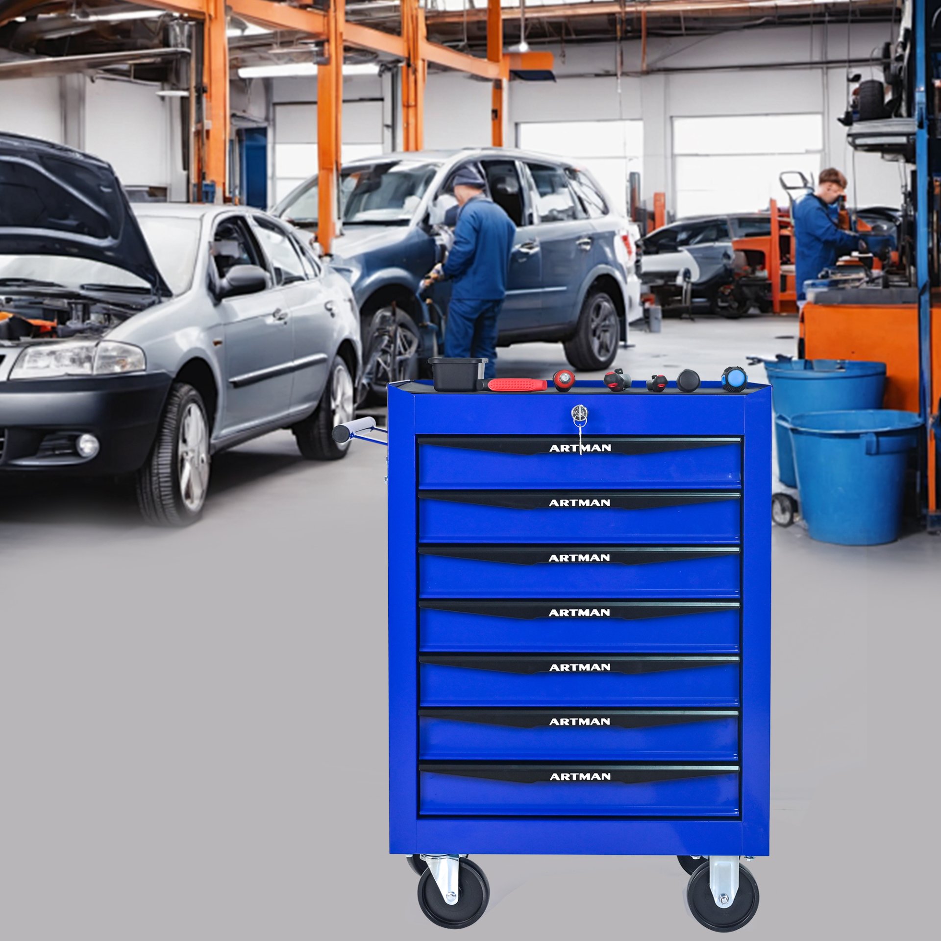 Rolling Metal Tool Chest With 7 Drawers, 20" Steel Storage Cabinet With Ball Bearing Slides - Black / Blue - Image 2