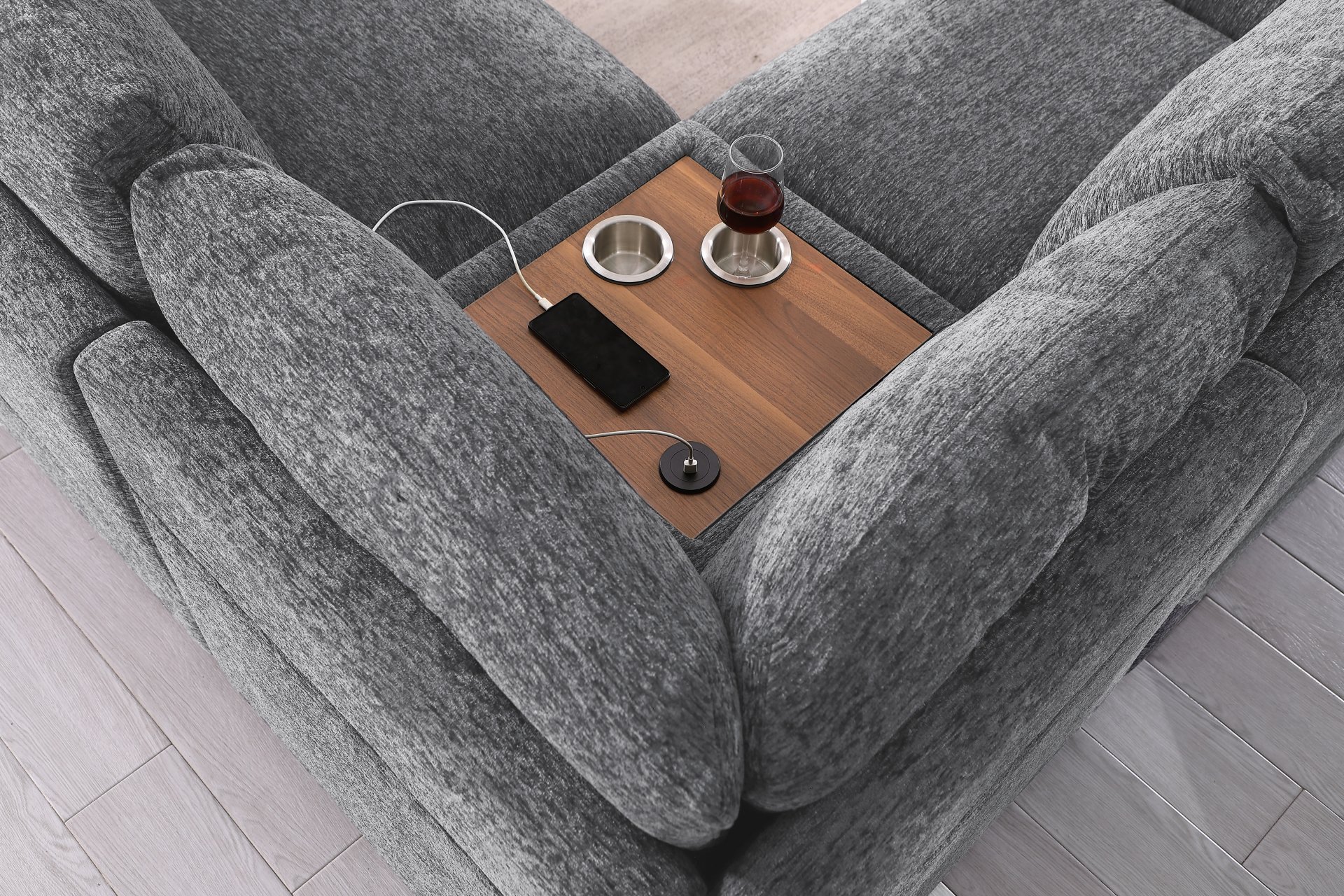 Celine - Chenille Fabric Corner Sectional Sofa With Right Facing Chaise, Cupholders, And Charging Ports - Light Gray - Image 11