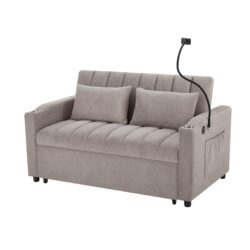 Convertible Sofa Bed Loveseat Sofa With Three USB Ports, Two Side Pockets, Two Cup Holders And 360° swivel Phone Holder For Living Room - Light Gray
