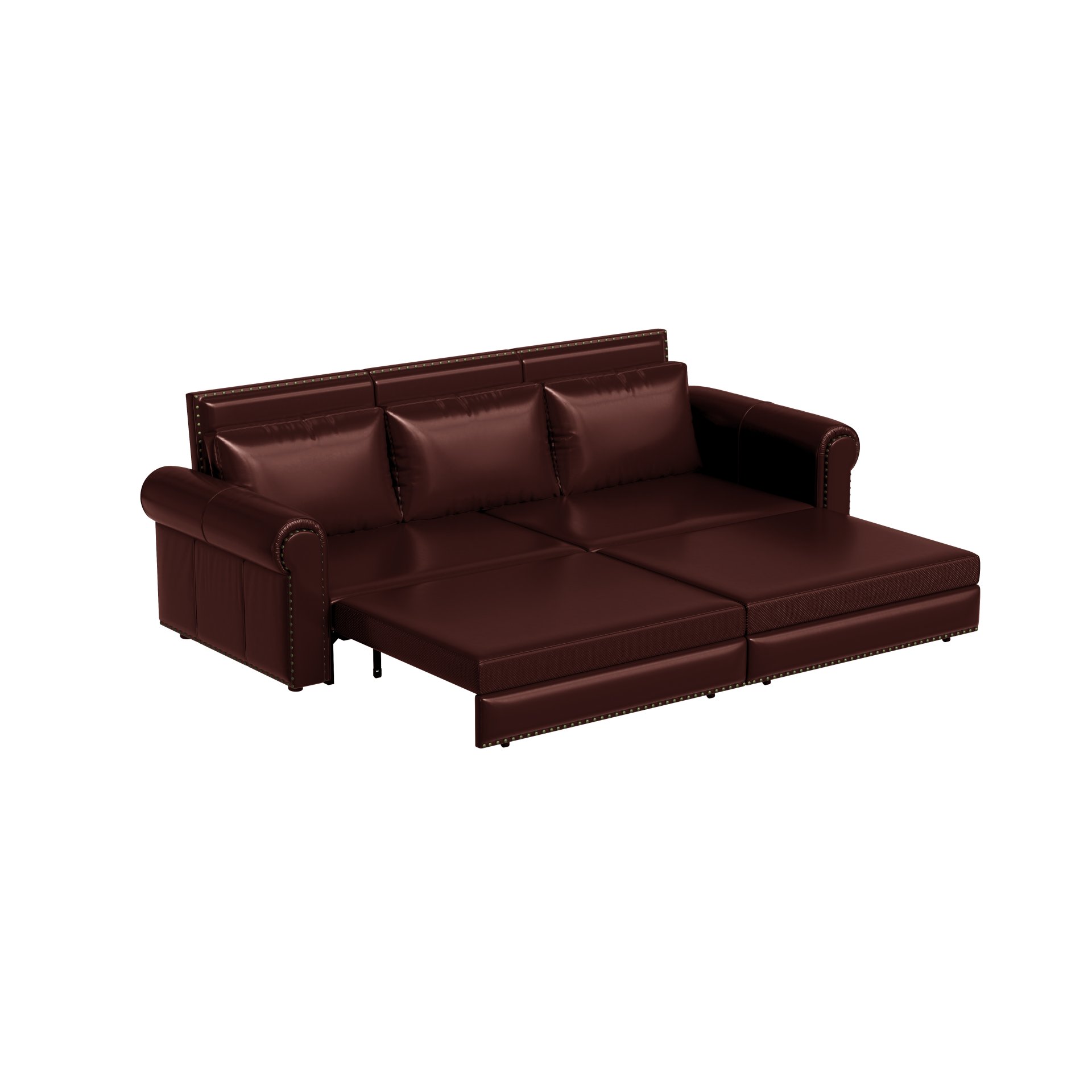 Pull Out Sofa Bed, 3 In 1 Convertible Sleeper Sofa With Nailhead Trim & Rolled Arm, Multi Functional Sofa Bed For Living Room, Bedroom, Apartment, Office - Burgundy - Image 13