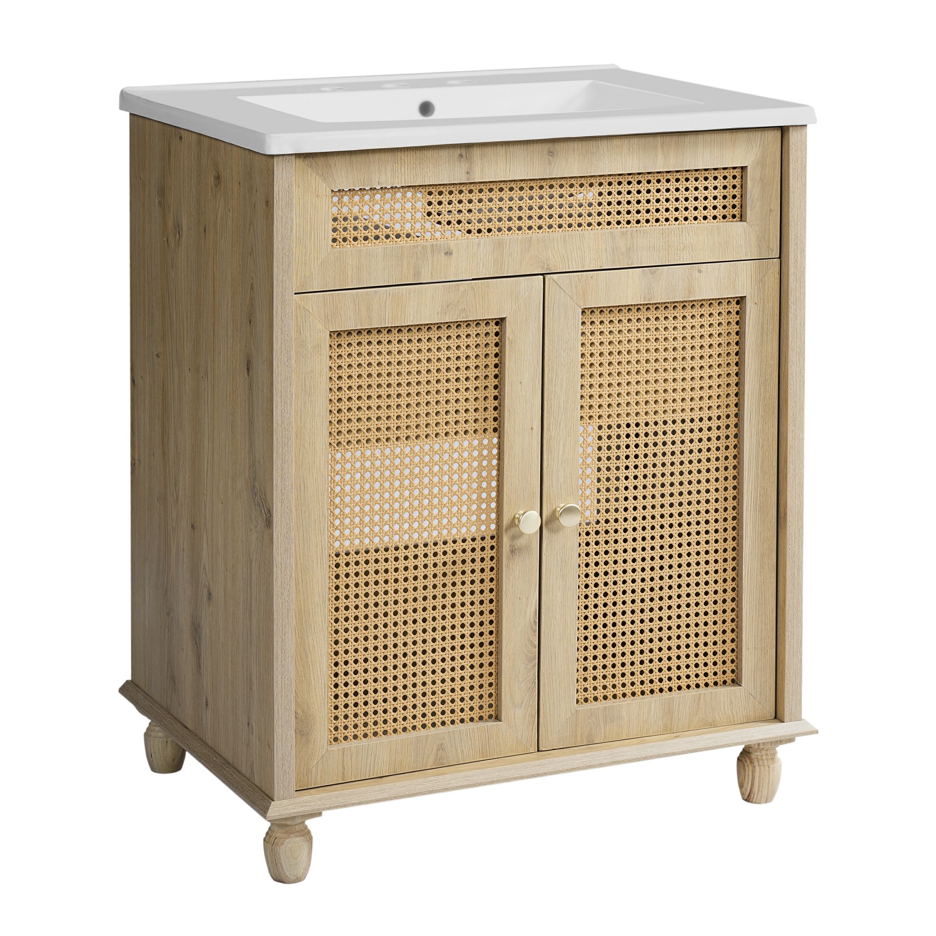 Bathroom Vanity With Handwoven Rattan Doors, Resin Basin - Natural Wood - Image 10