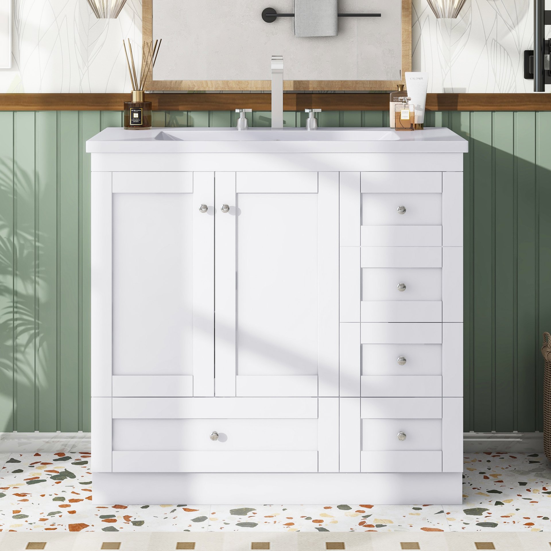 Shaker Style Free Standing Bathroom Vanity Cabinet With Sink, 4 Soft Close Drawers And 2 Soft Close Doors - White - Image 4