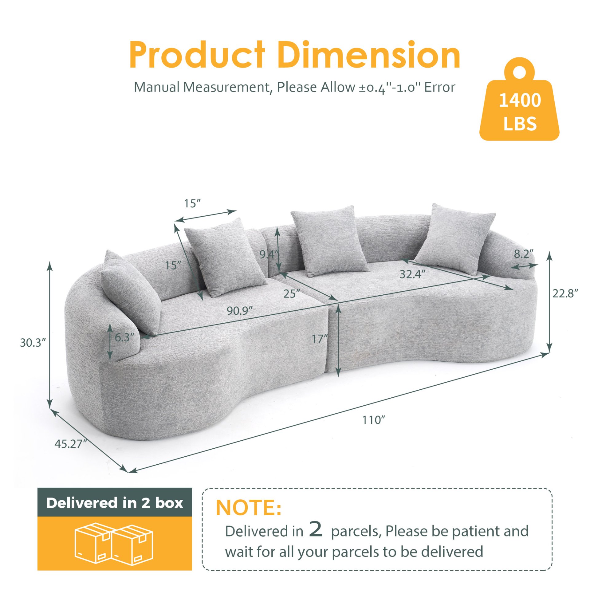 4 Seater Sofa With Chenille Fabric, 30D, 60 Hardness Full Sponge, 4 Pillow For Living Room, Home Furniture Sleeper Sectional Sofa For Apartment - Gray - Image 14