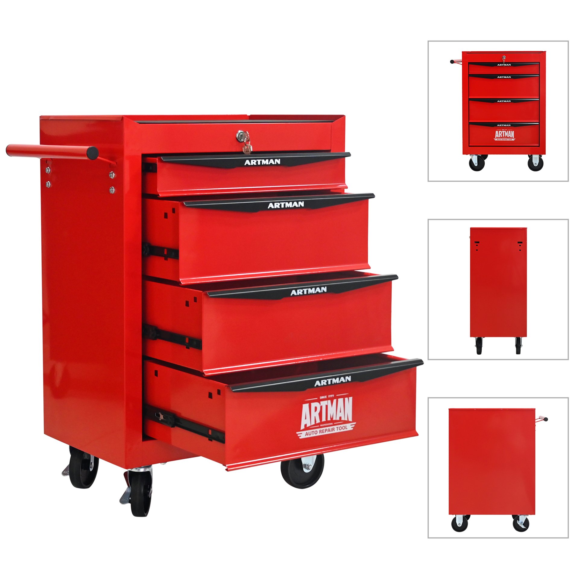 Rolling Metal Tool Chest With 4 Drawers, 20" Steel Storage Cabinet With Ball Bearing Slides - Red / Black - Image 7