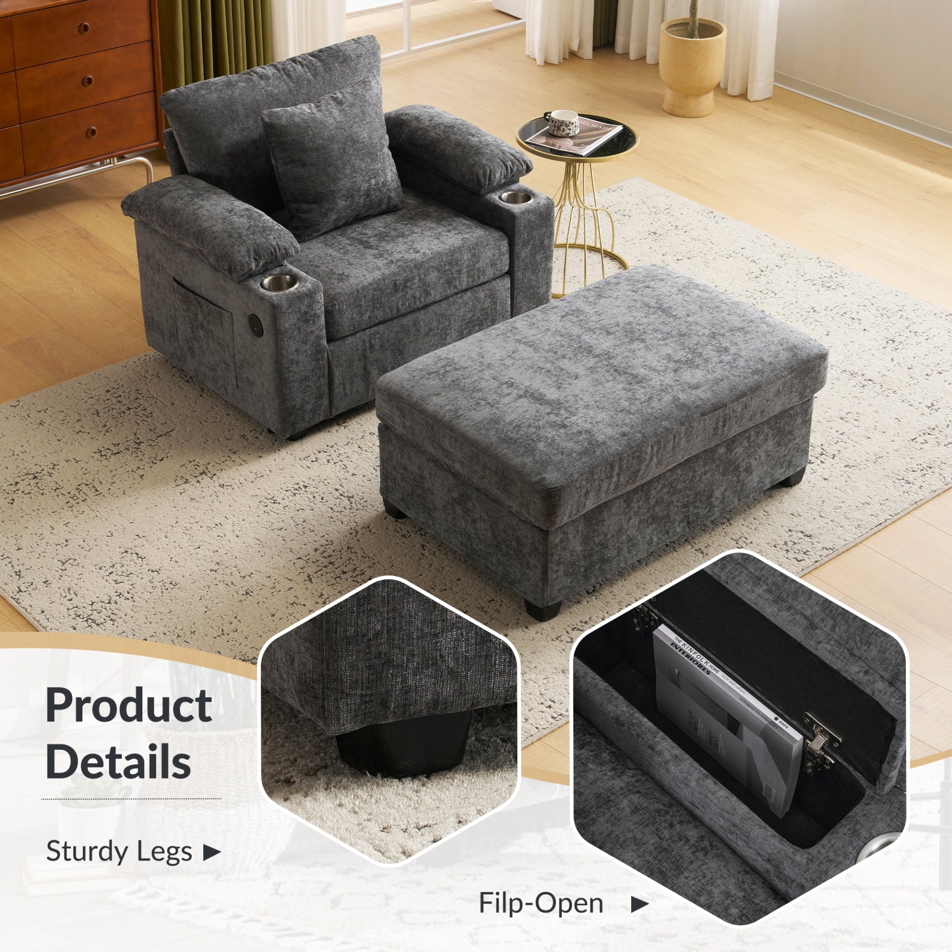 Modern Oversized Chair With Ottoman, Chenille Fabric Sofa Bed, Accent Chair Comfy Sofa With Cupholders And USB Charging Ports Chair For Living Room - Dark Gray - Image 7