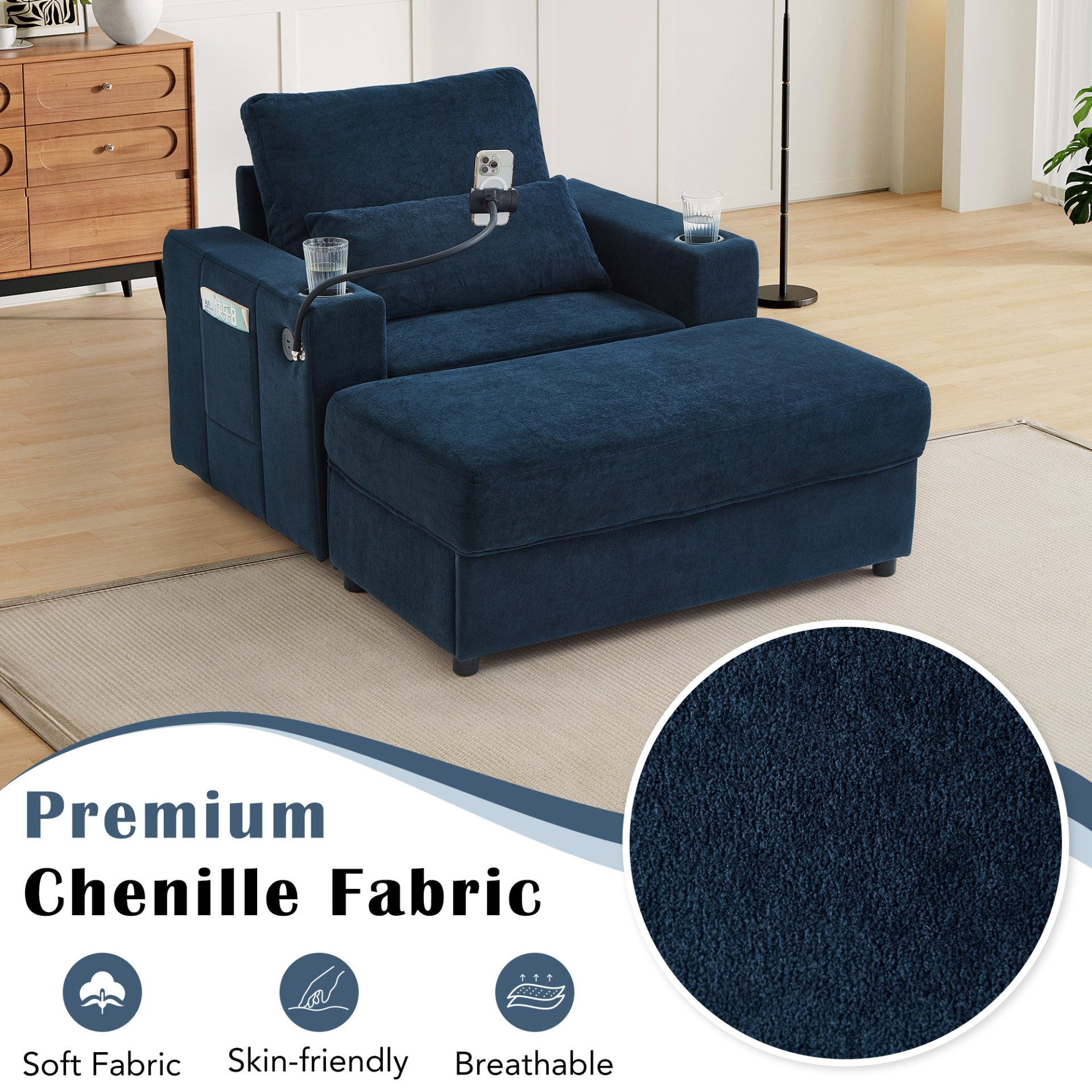 Modern Style Armchair Chaise Lounge Sofa Couch With Movable Storage Ottoman, USB Ports, Cup Holders, Phone Holder, Side Pockets - Blue - Image 7