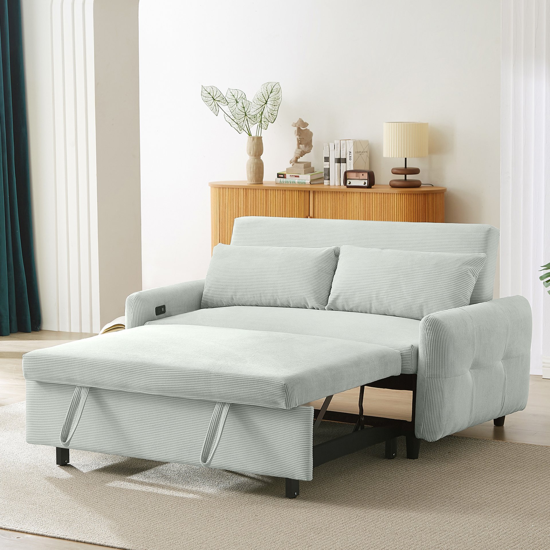 Pull Out Sofa Bed Convertible Couch 2 Seat Loveseat Sofa Modern Sleeper Sofa With 2 Throw Pillows And USB Ports For Living Room - Light Gray Green - Image 12