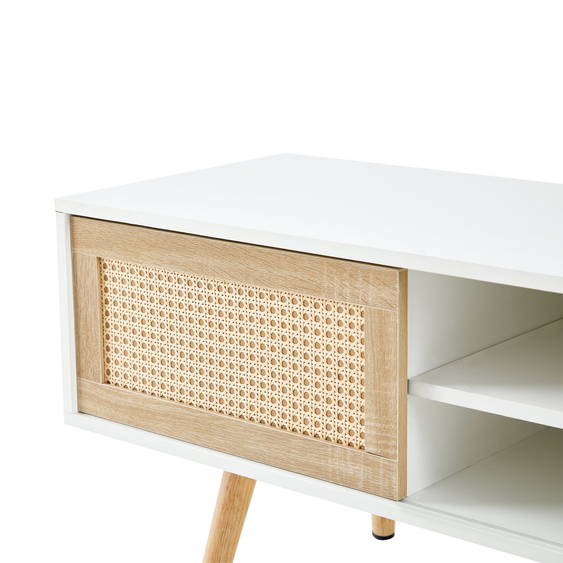 55.12" Rattan TV Cabinet, Double Sliding Doors For Storage, Adjustable Shelf, Solid Wood Legs, TV Console For Living Room - White - Image 12