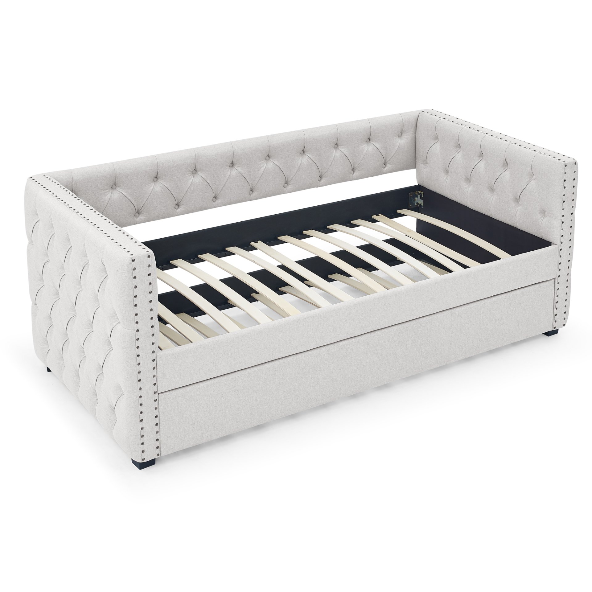 Mid Century Upholstered Tufted Daybed With Trundle Button And Copper Nail Accents Twin Size Linen - Beige - Image 7