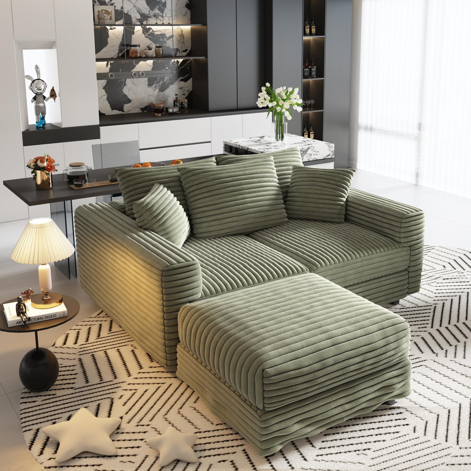 3 Seat Sofa, Deep Seat Couches With Soft Pillows And 1 Ottomans, Convertible Sofa Lounge Chair, For Living Room - Green - Image 18