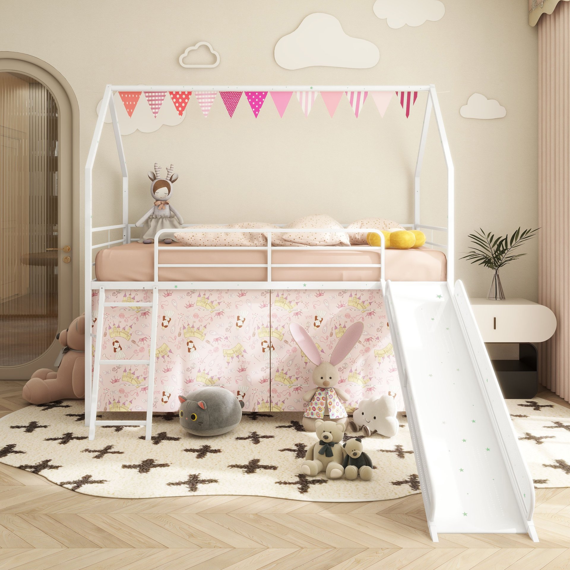 Jack - House Twin Loft Bed With Slide And Curtain Set - White / Pink - Image 4