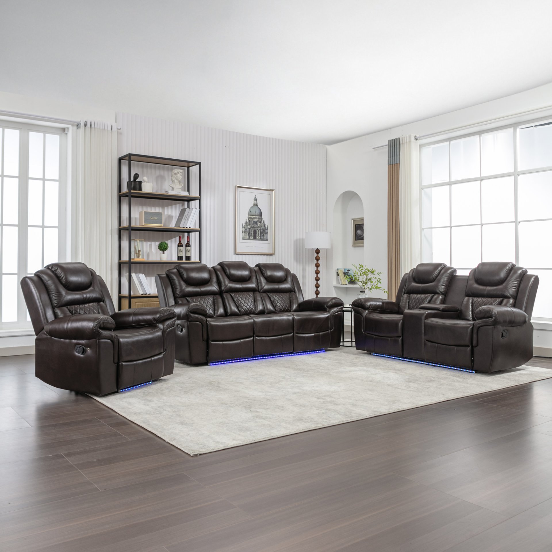 3 Pieces Recliner Sofa Sets Home Theater Seating Manual Recliner Chair With Center Console And Led Light Strip For Living Room - Brown - Image 2