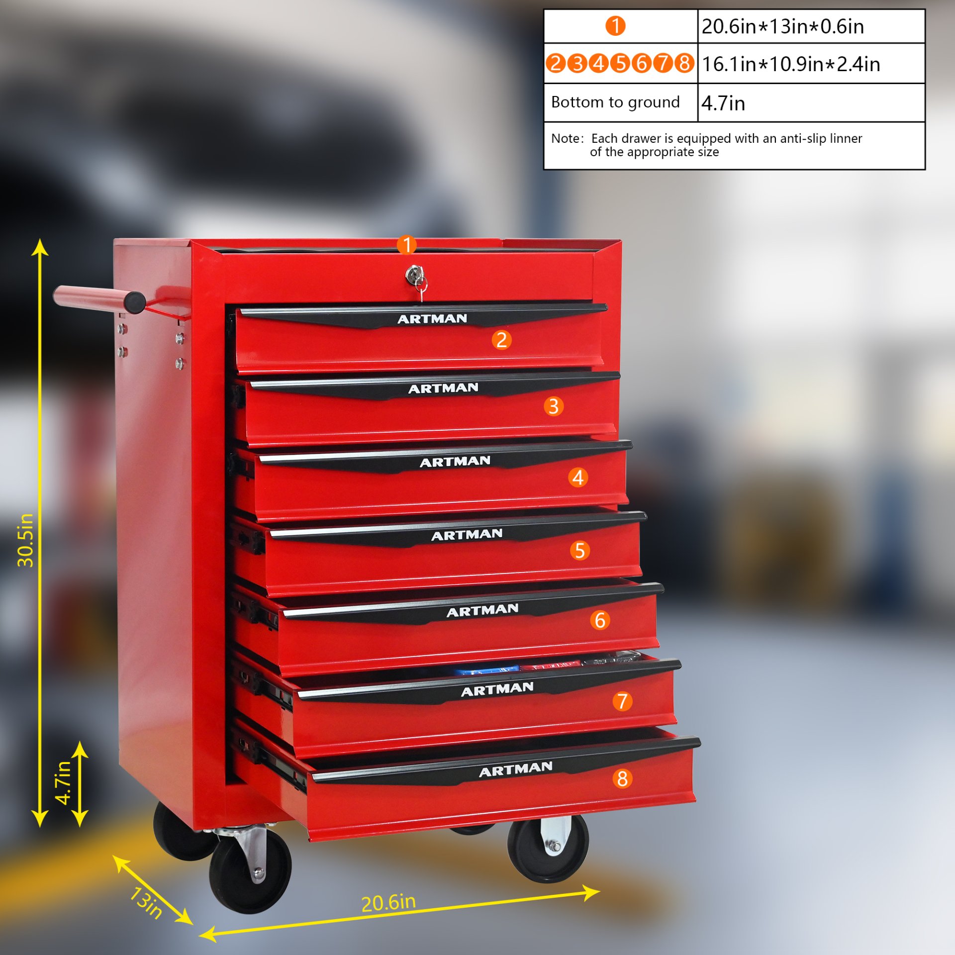 Rolling Metal Tool Chest With 7 Drawers, 20" Steel Storage Cabinet With Ball Bearing Slides - Red / Black - Image 8