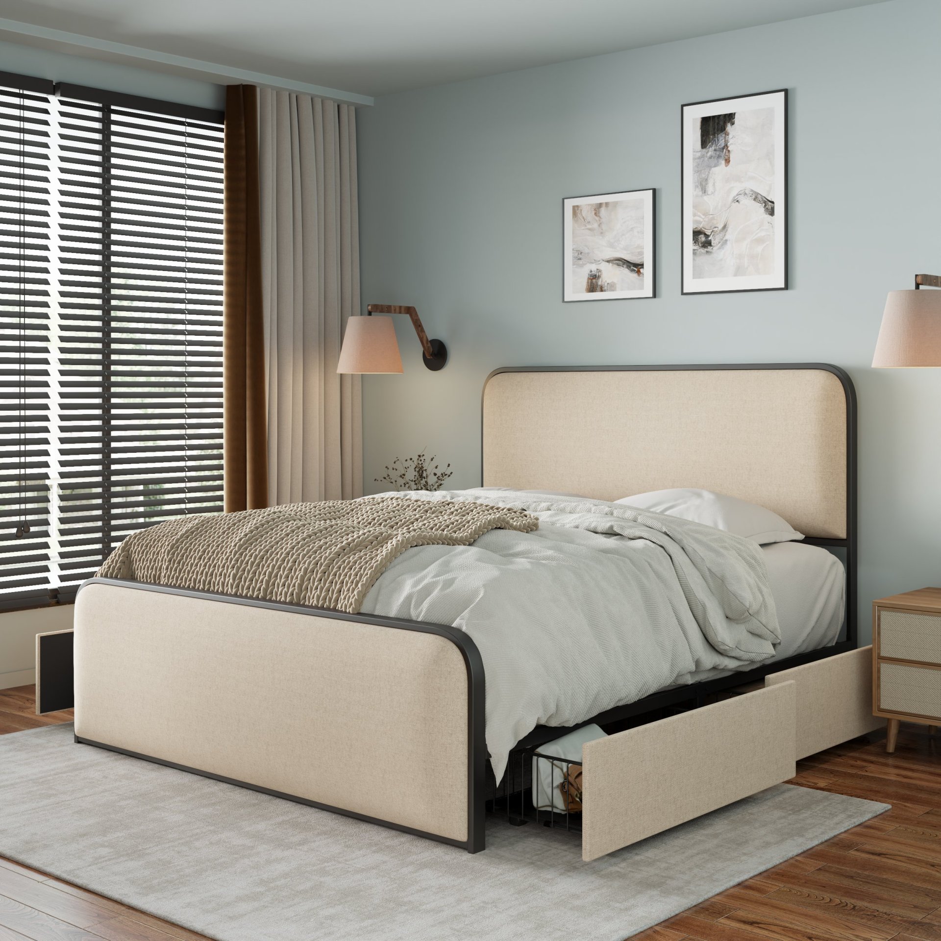 Modern Metal Bed Frame With Curved Upholstered Headboard And Footboard Bed With 4 Storage Drawers, Heavy Duty Metal Slats, Queen Size - Beige - Image 3