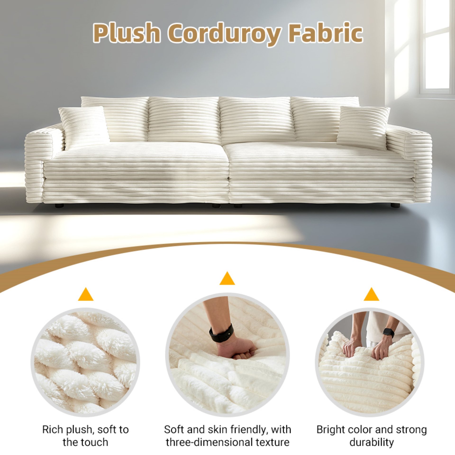 3 Seat Sofa, Convertible Deep Seat Sofa Lounge Chair For Living Room - Beige - Image 11