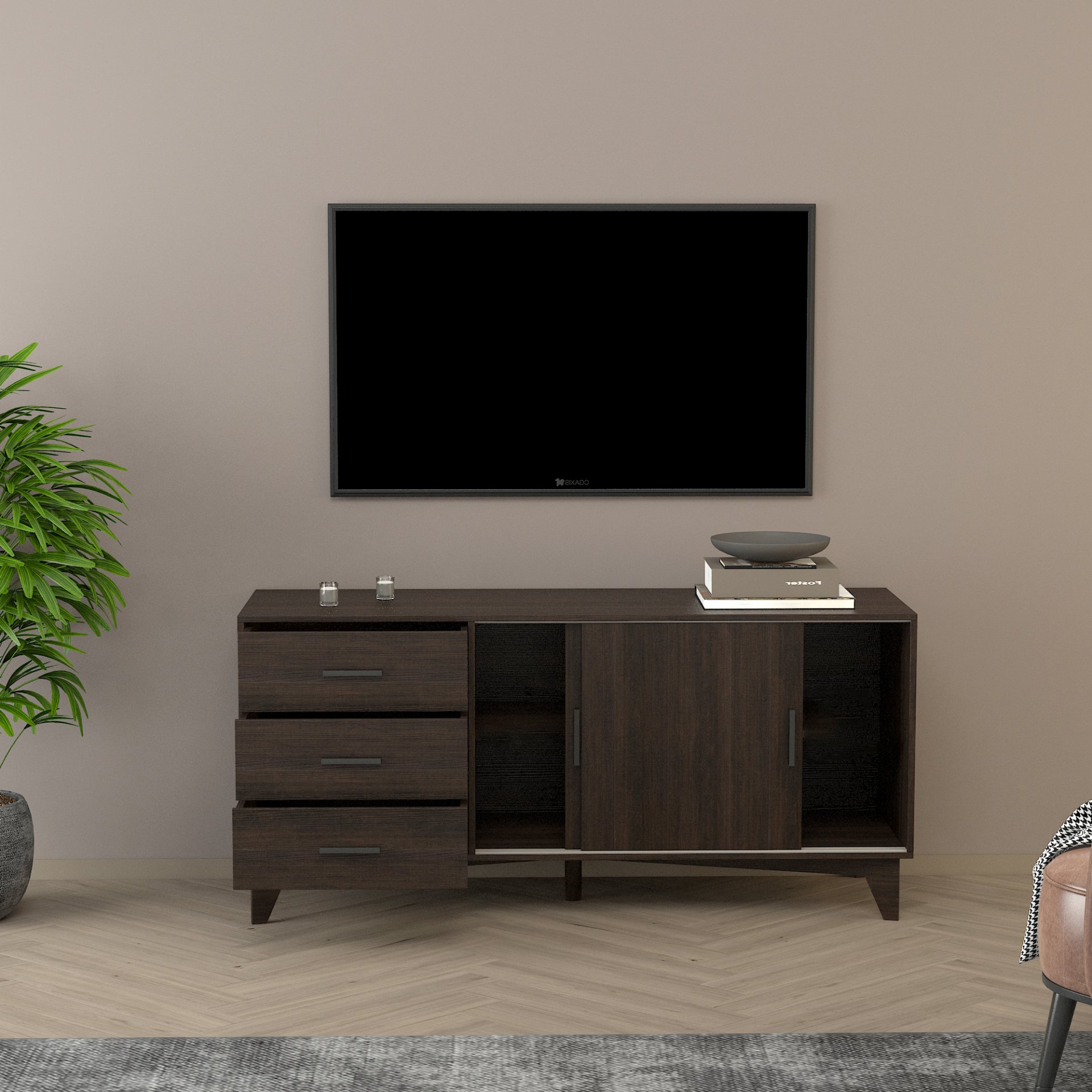 Parker - TV Stand With Sliding Doors And Drawers - Dark Brown - Image 4