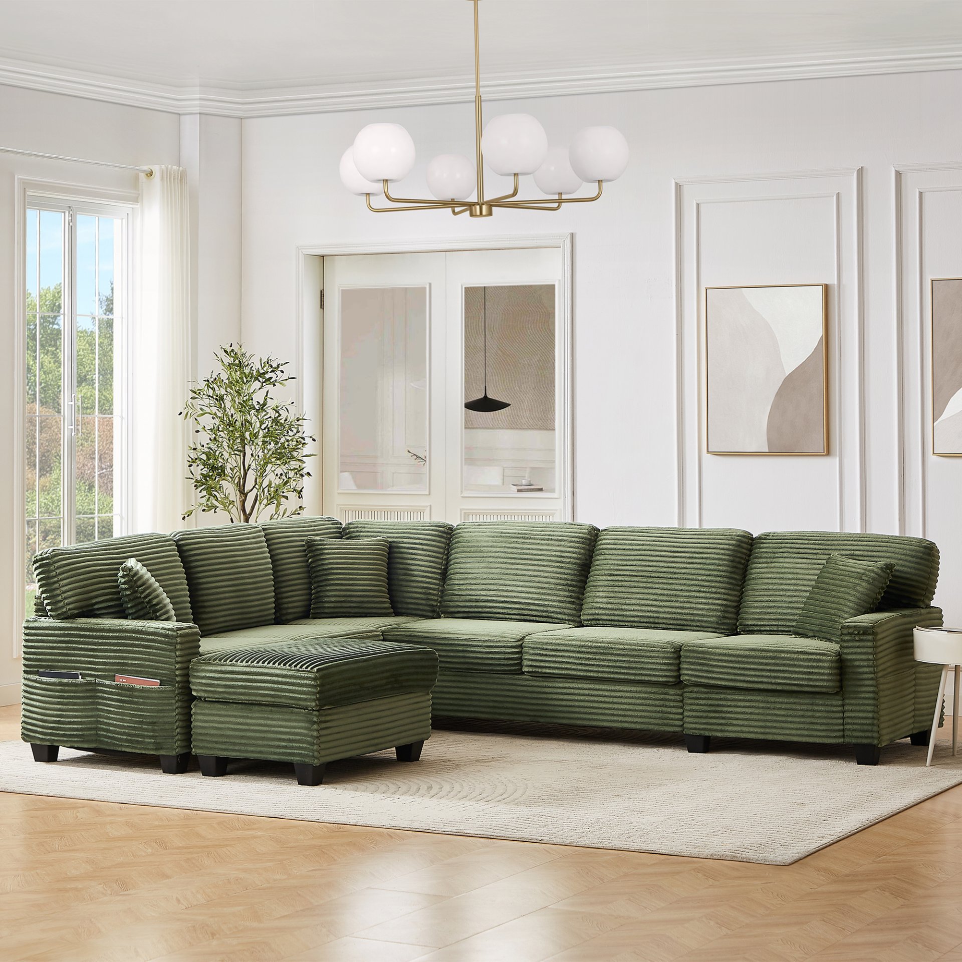 Modern Sectional Sofa U Shaped With Movable Ottoman And Side Storage Pockets Corduroy - Green - Image 7