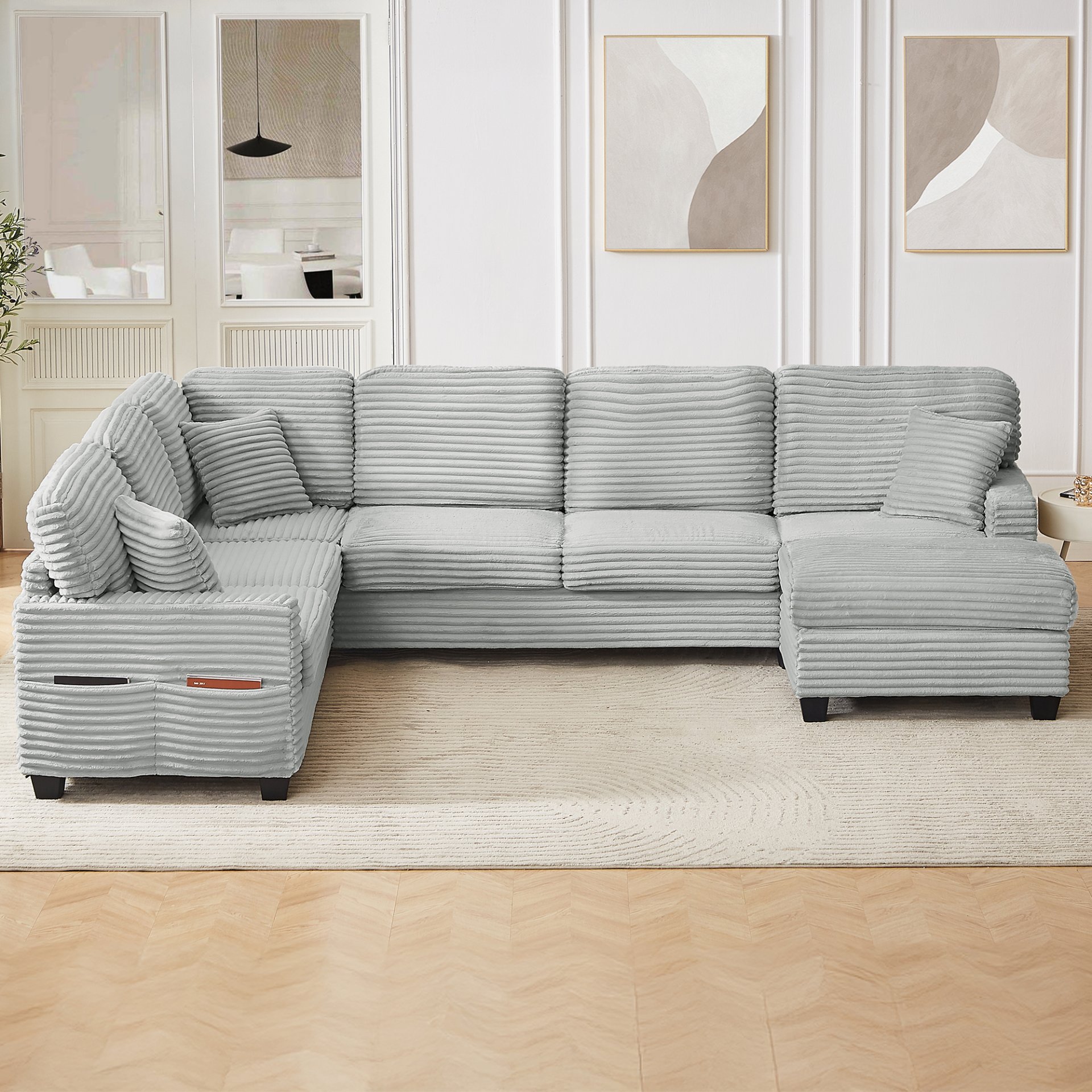 Modern U Shaped Sectional Sofa With Movable Ottoman And Side Storage Pockets Corduroy - Gray - Image 6