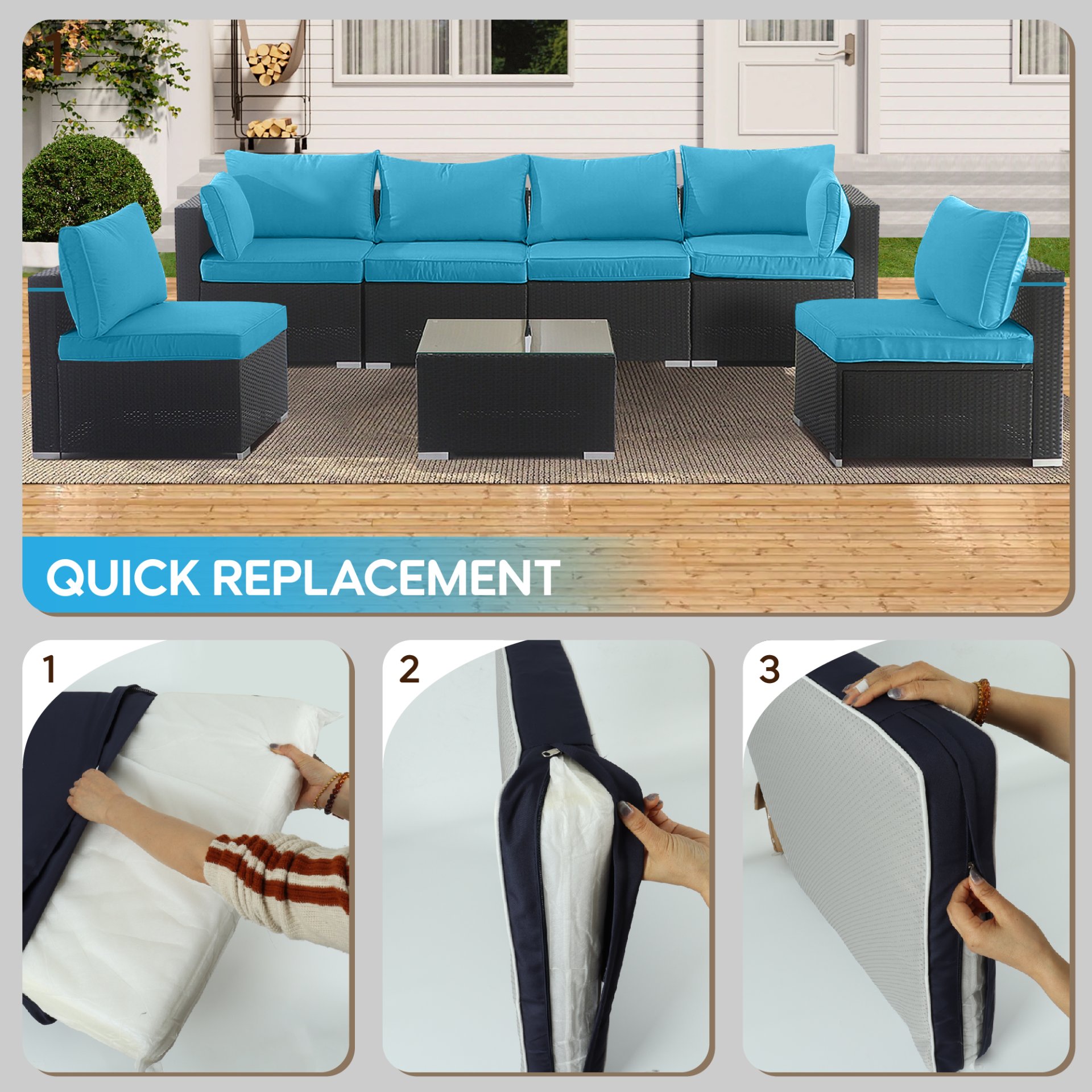 Outdoor Deep Seat Cushions For Patio Furniture Replacement, Cushion Set For Sectionals - Sky Blue - Image 4