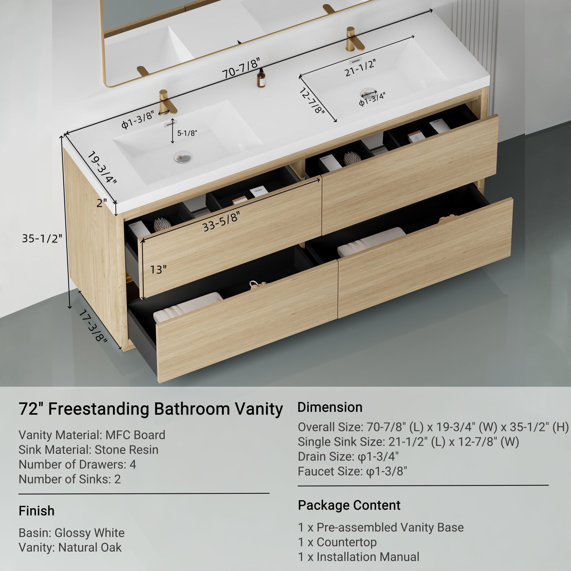 Bathin Freestanding Bathroom Vanity With Double Sinks, Bathroom Storage Vanity Cabinet With Stone Resin Countertop And Soft Close Drawers - Natural Oak - Image 3