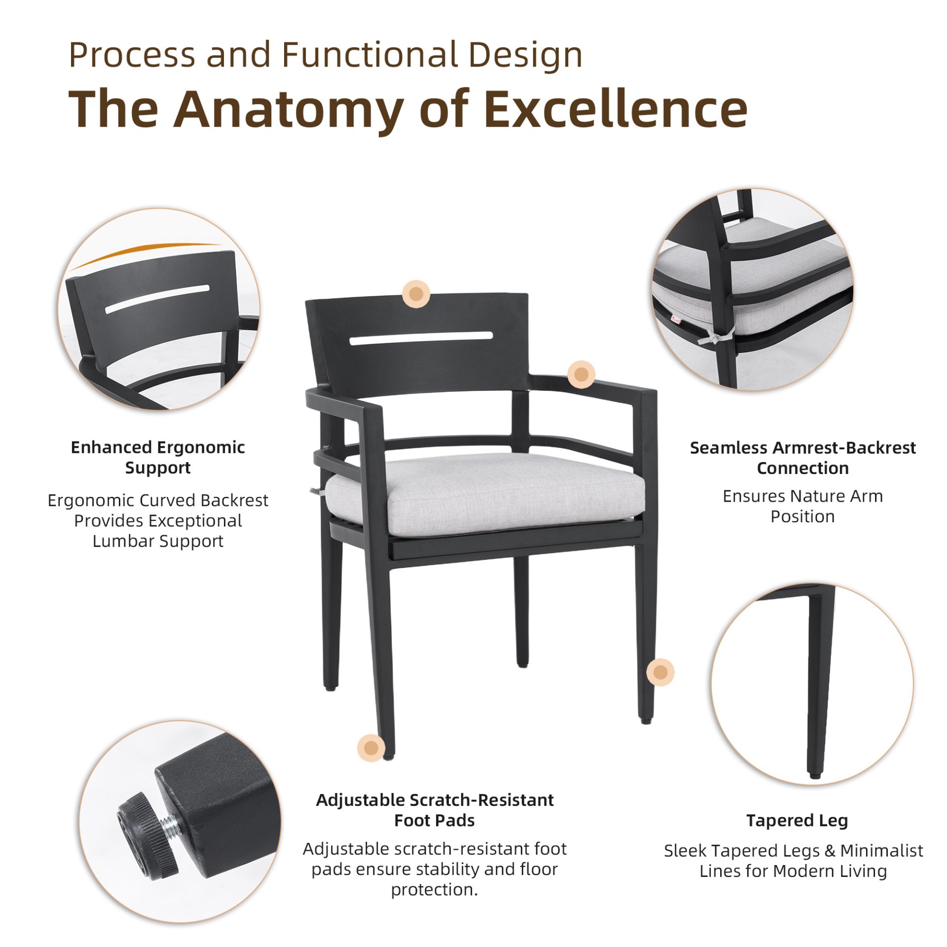 5 Pieces Outdoor Patio Dining Set, Squircle Dining Table, 4 Dining Chairs With Sunbrella Cushions - Ember Black - Image 8