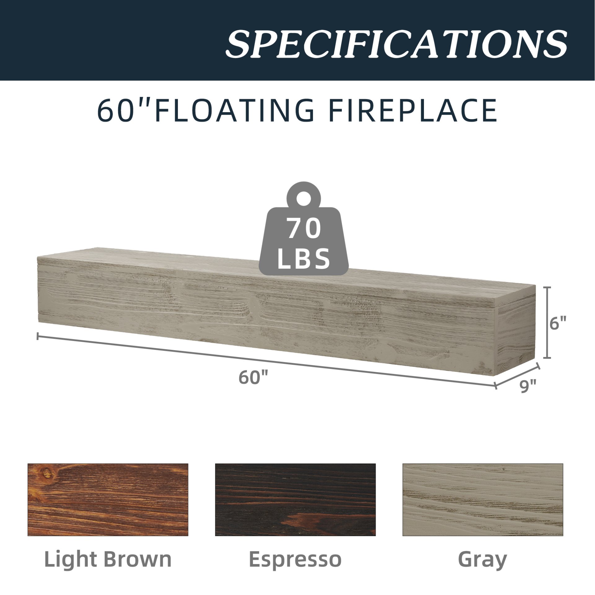 60" Rustic Wood Fireplace Mantel, Wall-Mounted & Floating Shelf For Home Decor - Gray - Image 8