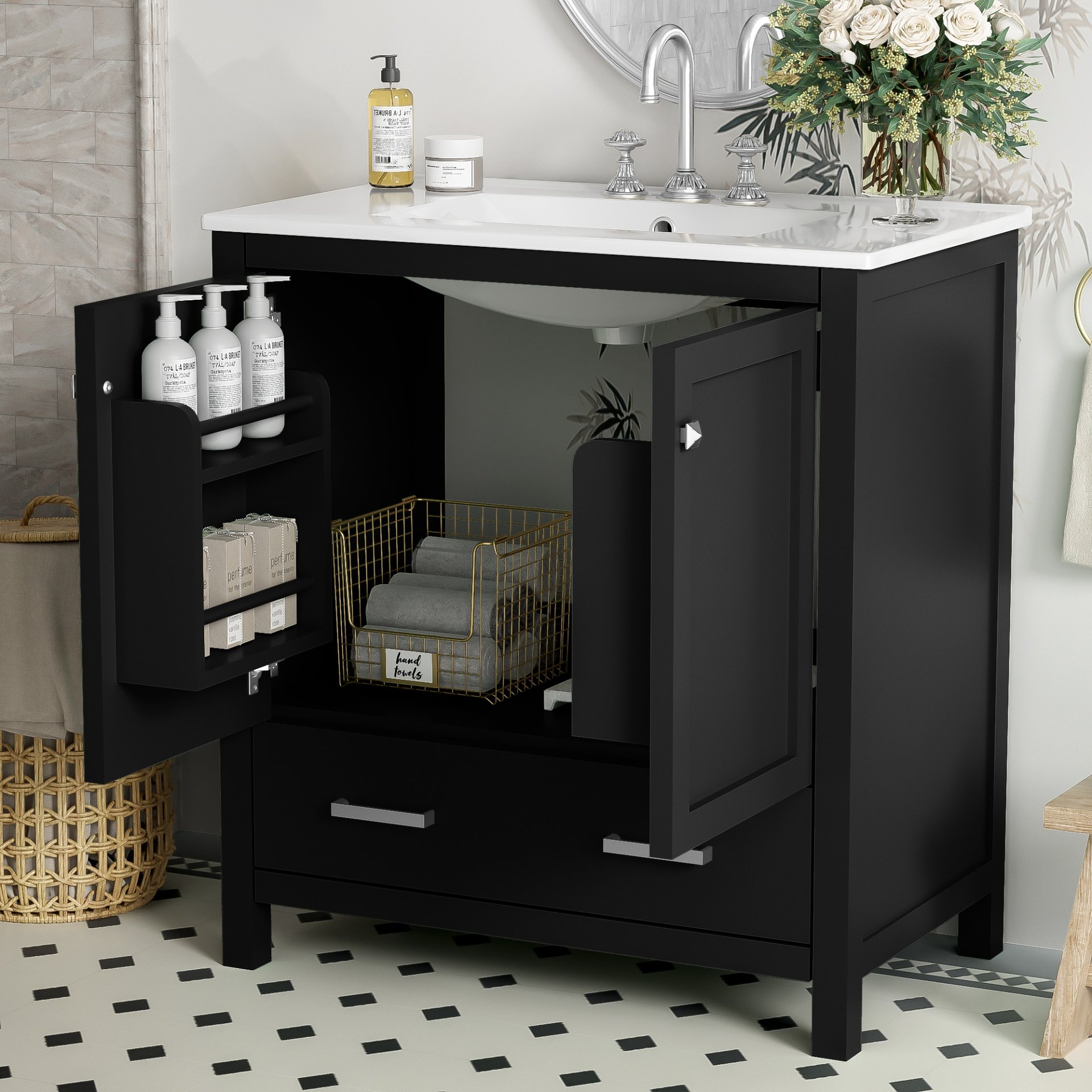 Bathroom Vanity With Single Sink, Combo Cabinet Undermount Sink, Bathroom Storage Cabinet With 2 Doors And A Drawer, Soft Closing, Multifunctional Storage, Solid Wood Frame - Black - Image 5