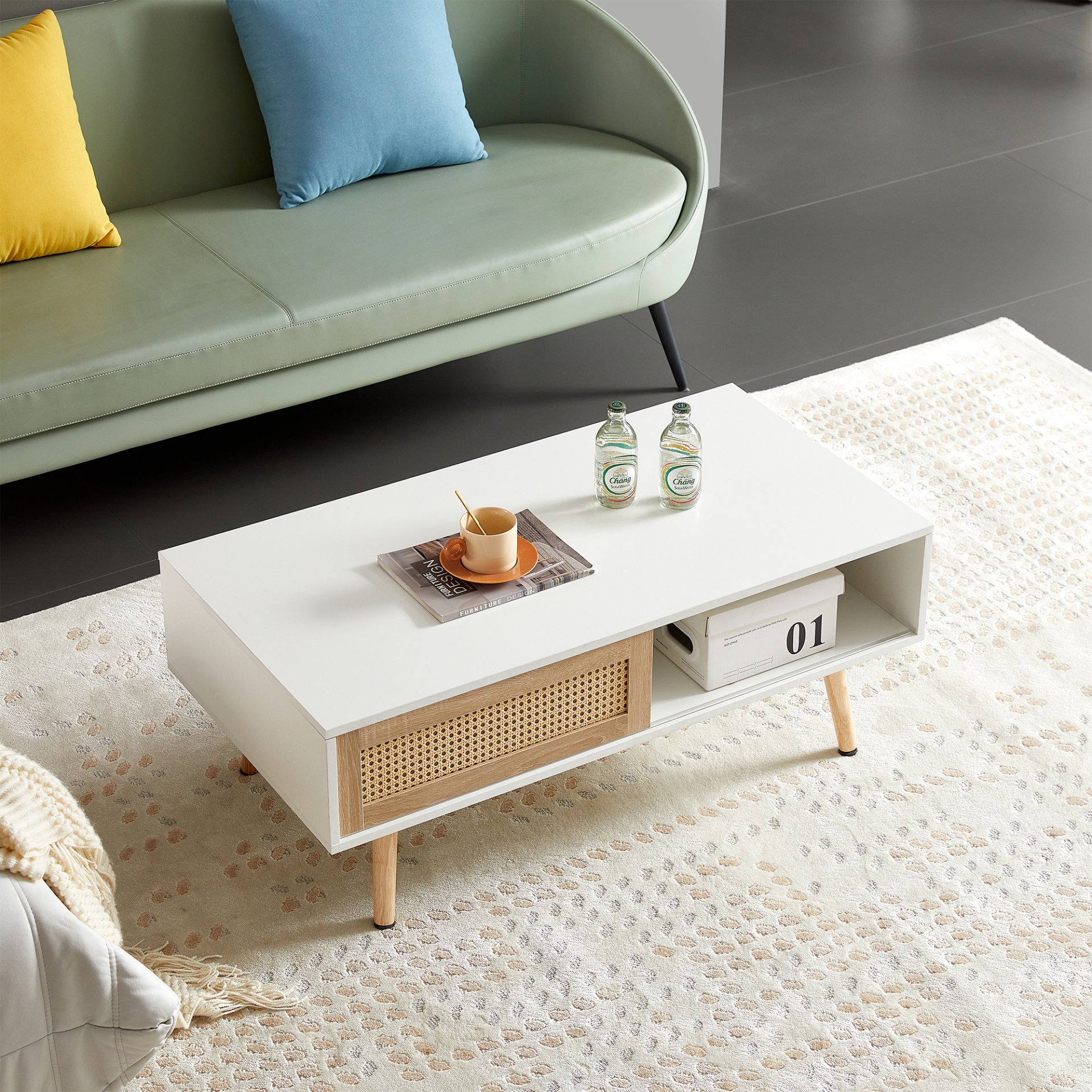 41.34" Rattan Coffee Table, Sliding Door For Storage, Solid Wood Legs, Modern Table For Living Room - White - Image 5