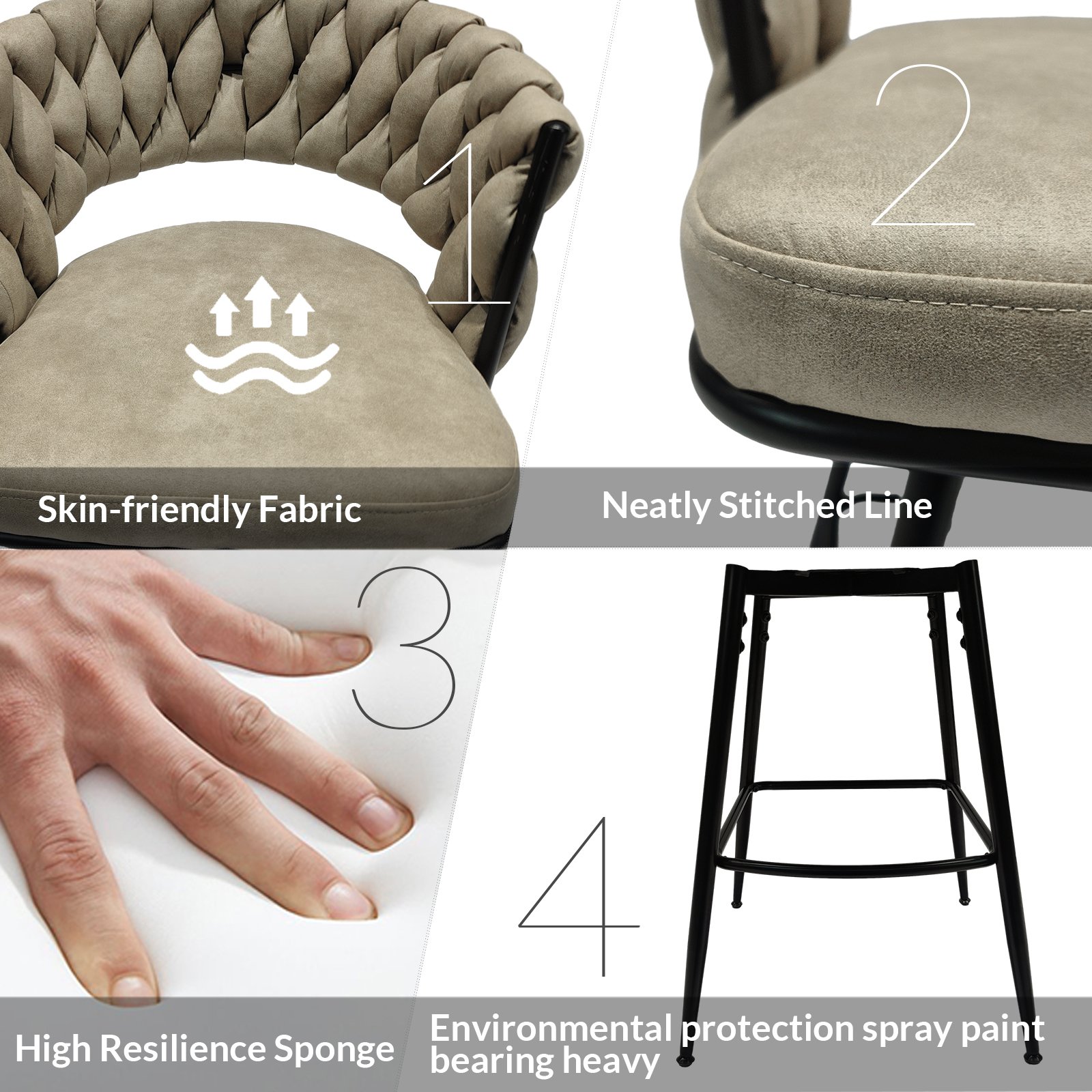 Technical Leather Woven Bar Stool (Set of 2), 360 Swivel Bar Stools With Back And Footrest - Light Brown - Image 18