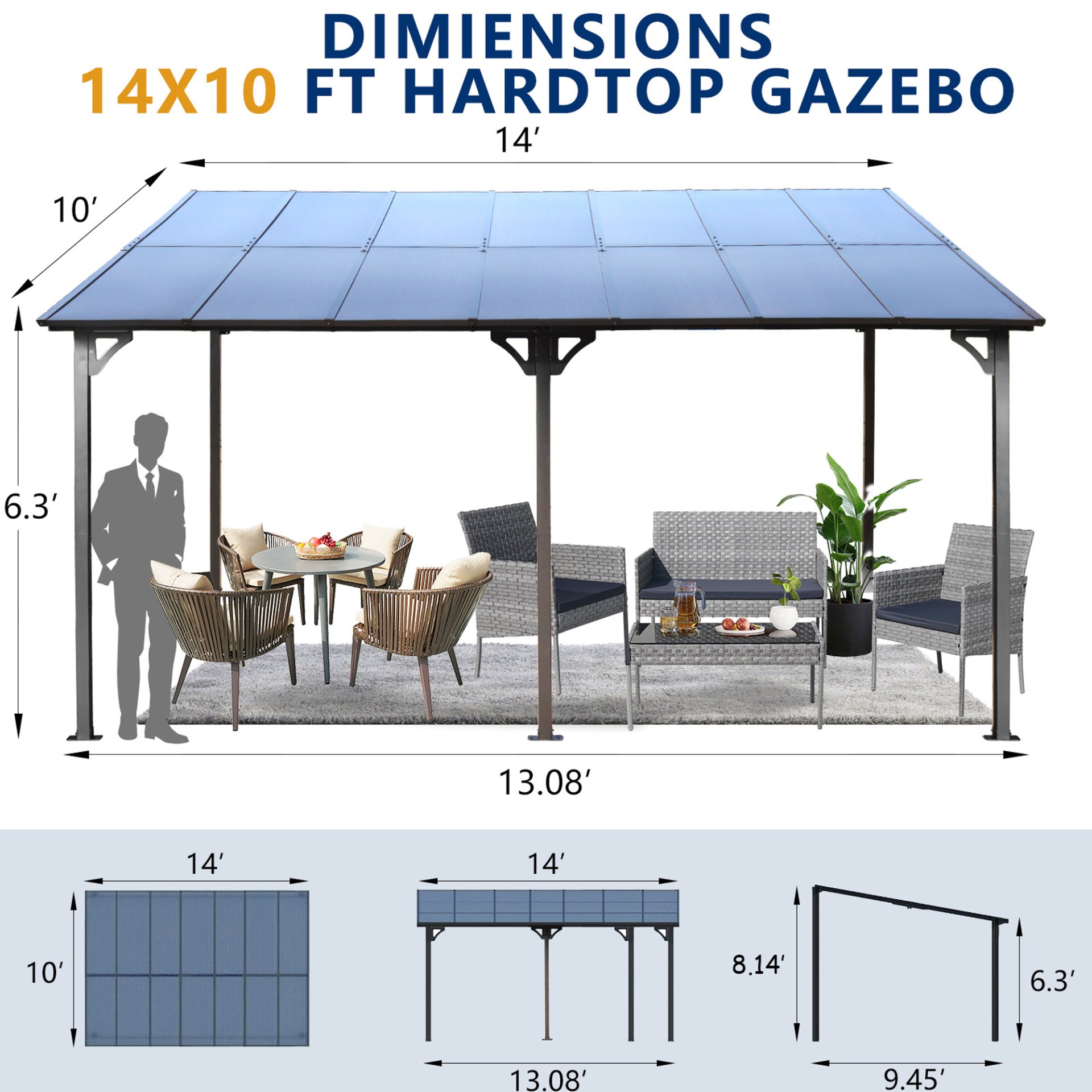 Outdoor Pergola Gazebo, Wall Mounted Lean To Metal Awning Gazebo With Roof, Large Heavy Duty For Patio, Decks, Backyard - Gray - Image 10