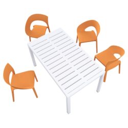 4 Piece Set Of Color Block Designed Single Chairs With Long Table - Tropical Orange / White