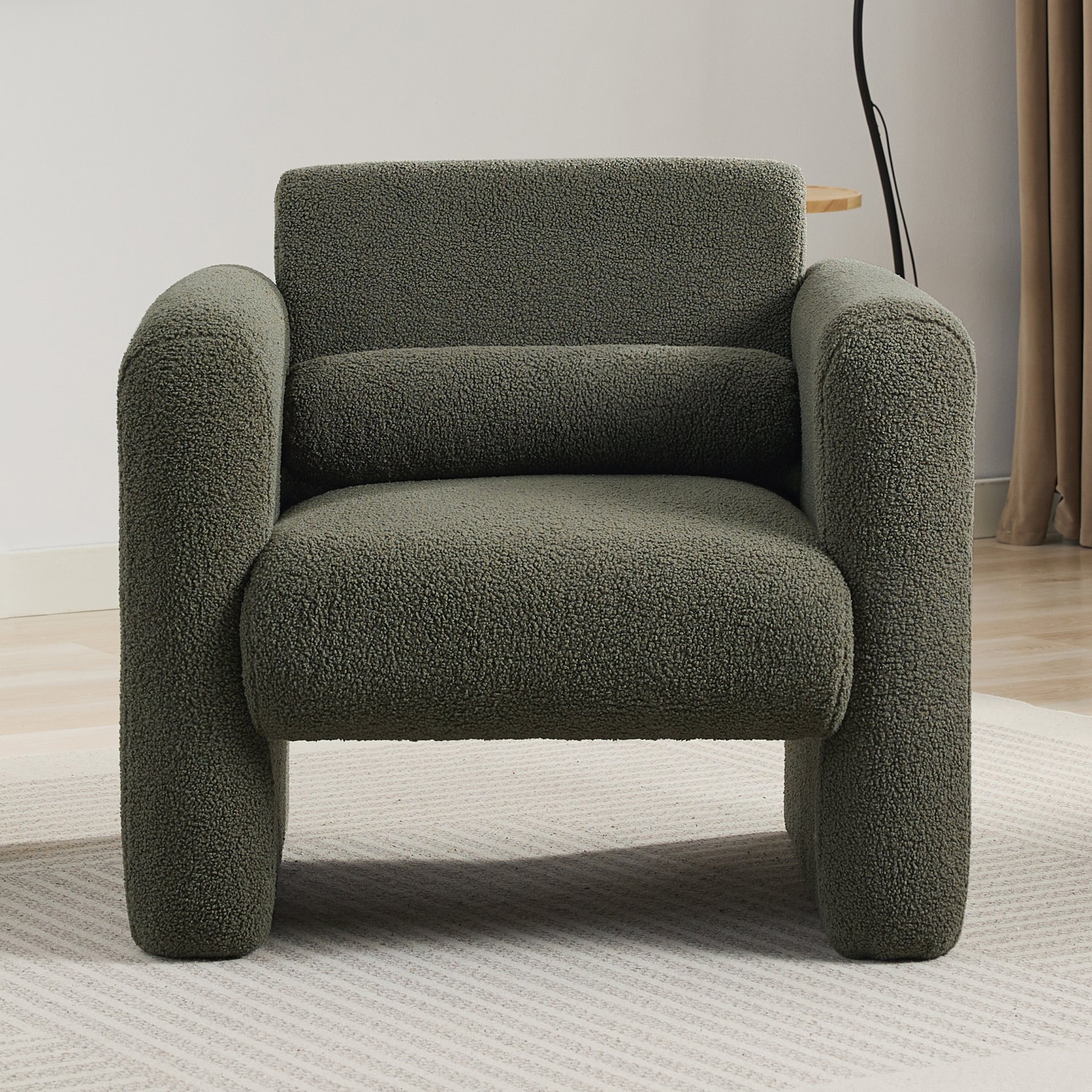 Modern Accent Chair Lambskin Sherpa Upholstered Comfy Reading Arm Chair Soft Padded Armchair With Back And Pillow For Living Room - Seaweed Green - Image 5