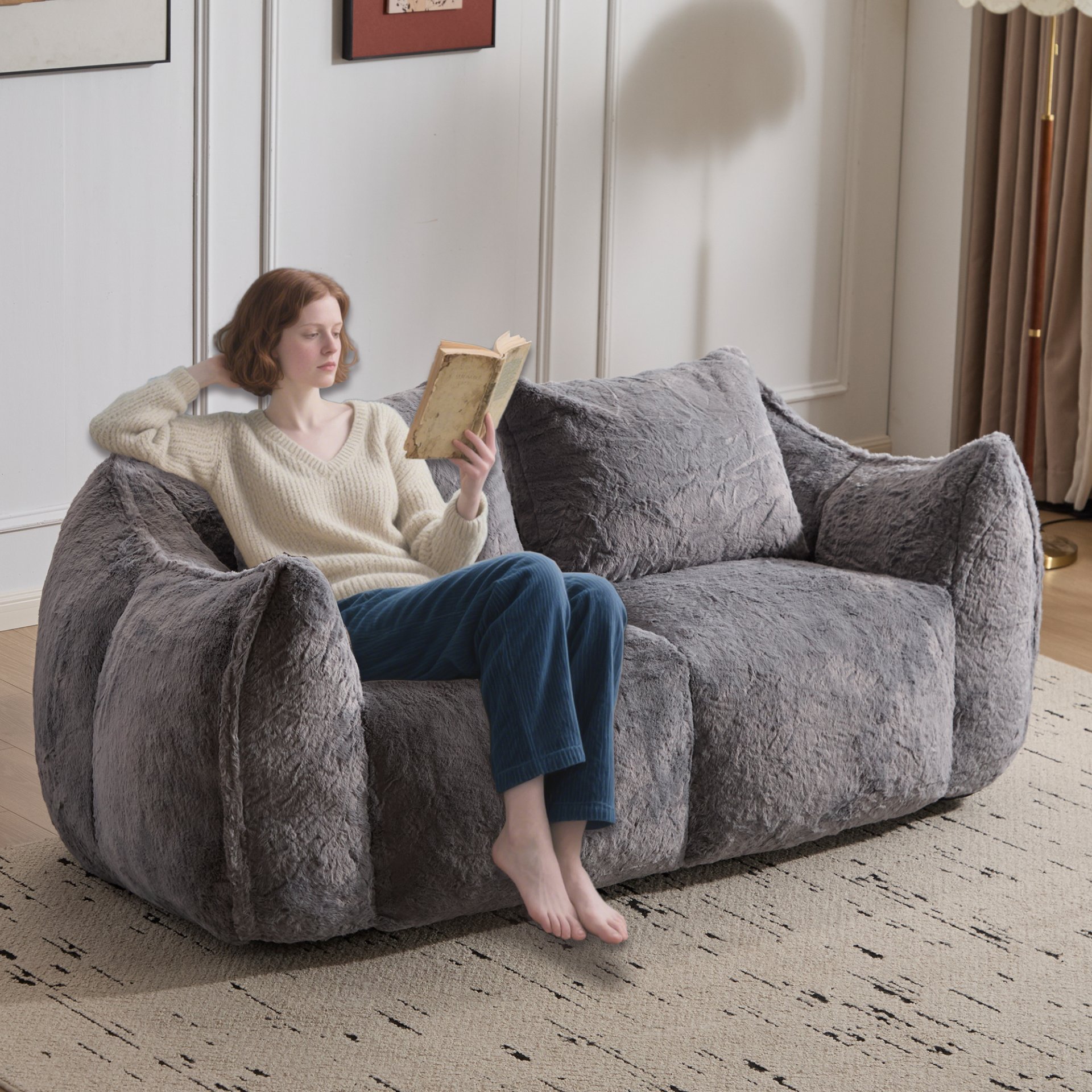 Giant Bean Bag Couch, Ultra Soft Fluffy Loveseat For Living Room Reading Chair With Pillows - Gray - Image 8