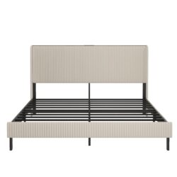 King Size Platform Bed, Metal Frame With Charging Station - Beige