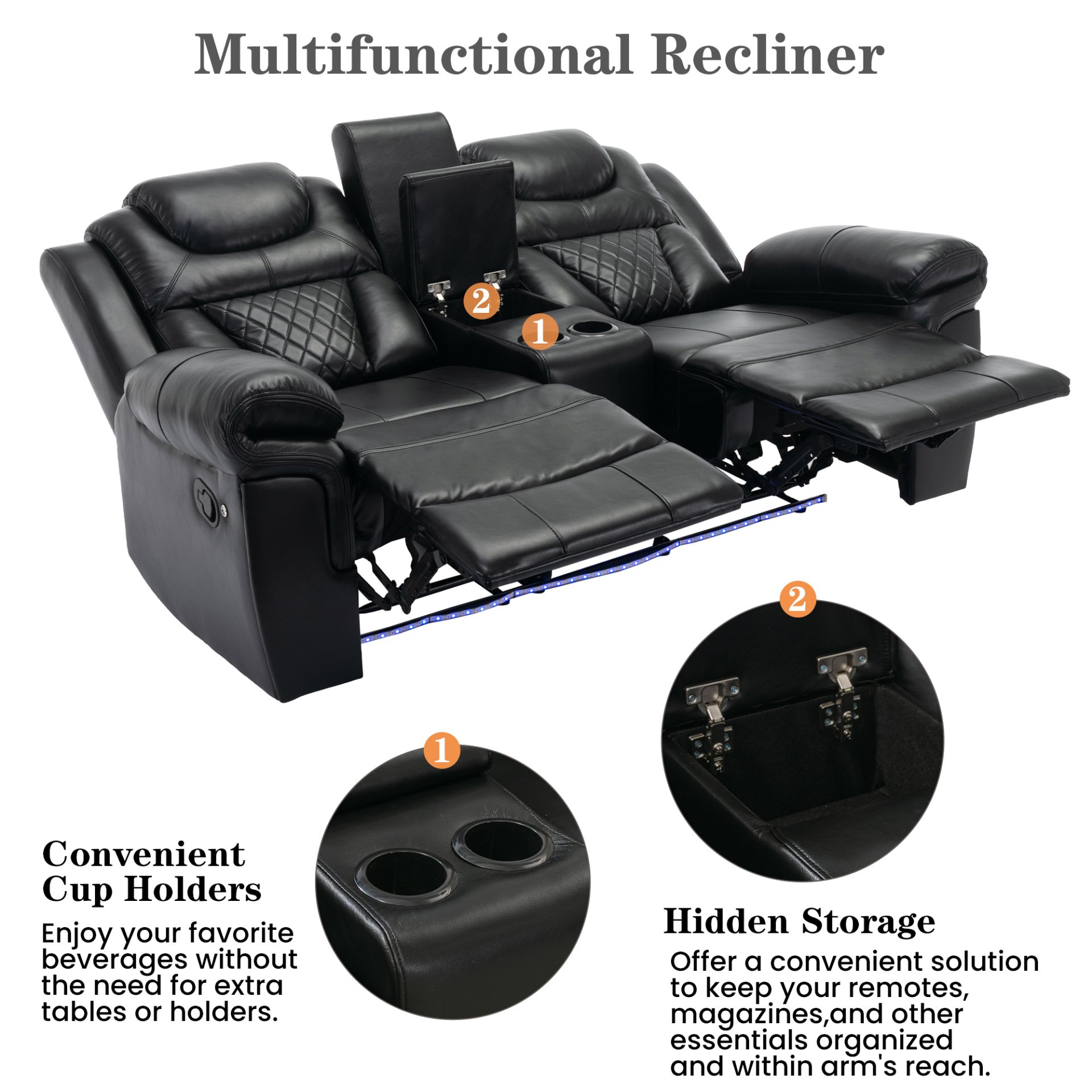 3 Pieces Recliner Sofa Sets Home Theater Seating Manual Recliner Chair With Center Console And Led Light Strip For Living Room - Black - Image 8